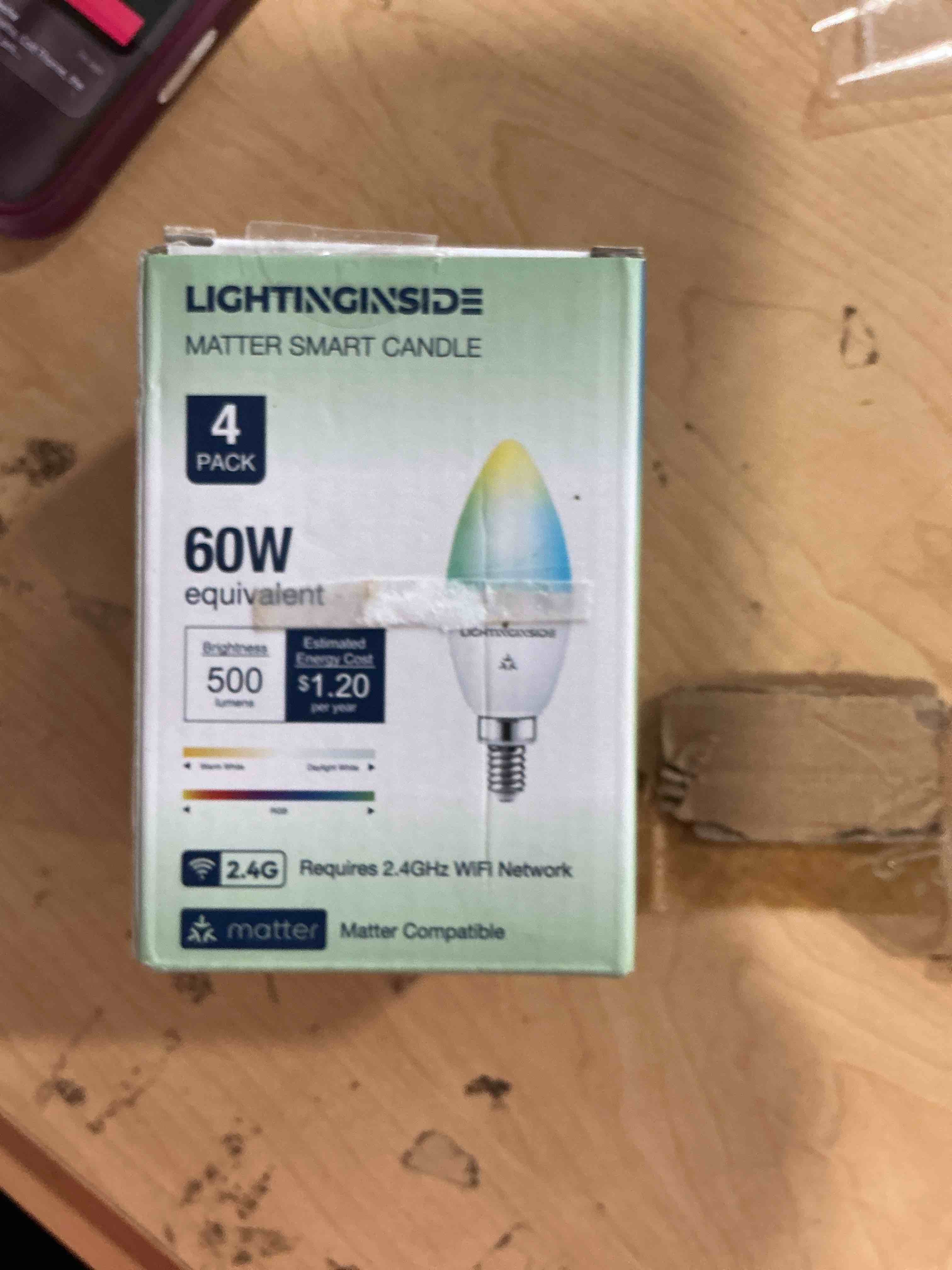 Condition photo showing New/Like New for lightinginside matter candelabra smart light bulbs 60w equivalent, candle e12 led bulb compatible with alexa/siri/apple home/google home/smartthings, rgbcw, 2.4g wifi, etl listed, hub required, 4pcs 4 count (pack of 1)