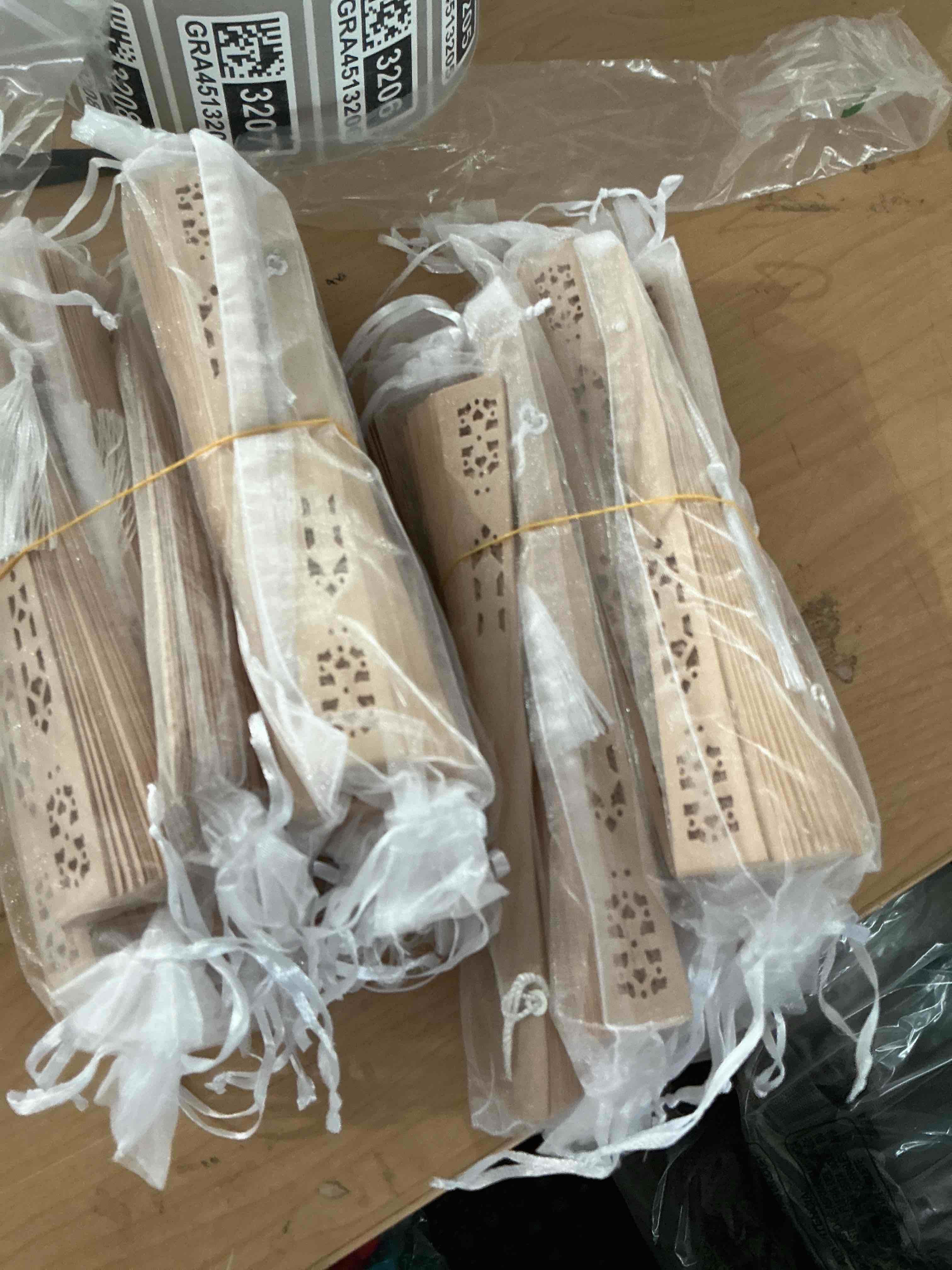 Condition photo showing New/Like New for personalized wooden handheld folding fans (25 pcs)- engraved summer wedding fans, sandalwood fans, custom wooden fans party favor bridal shower ?dolphin type?