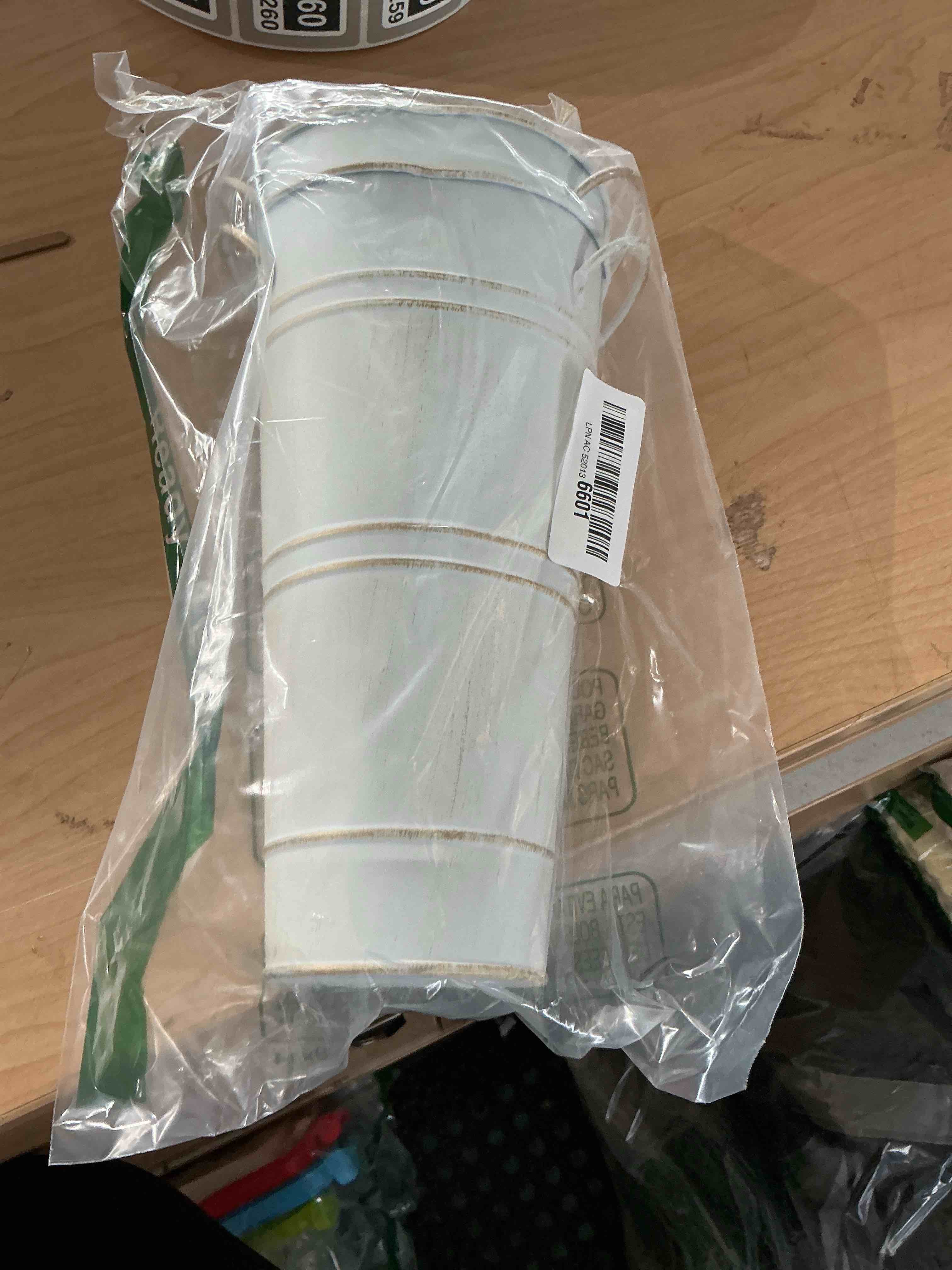 Condition photo showing New/Like New for 2 pack rustic metal tall flower vase with handles for wedding home decor | 10-inch tall, leak-proof, galvanized metal, for fresh or dried flowers, weddings, home / farmhouse decor, flower bar bucket
