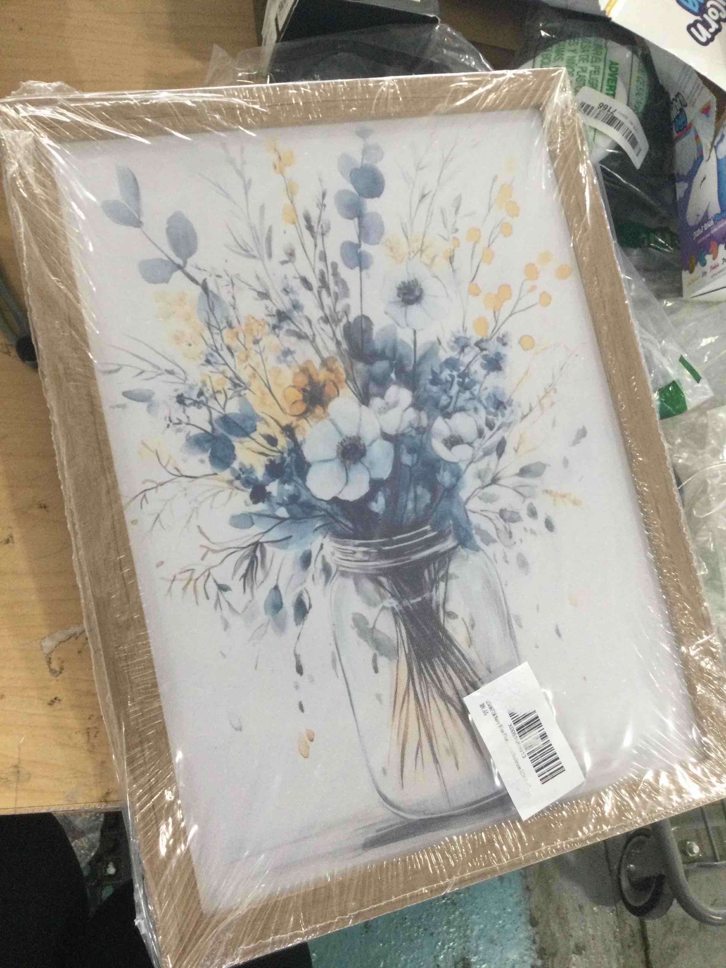 Condition photo showing New/Like New for rewbkfim navy blue floral canvas wall art watercolor botanical bouquet in mason jar painting farmhouse decor ready to hang for living room bedroom bathroom (8x10 in)