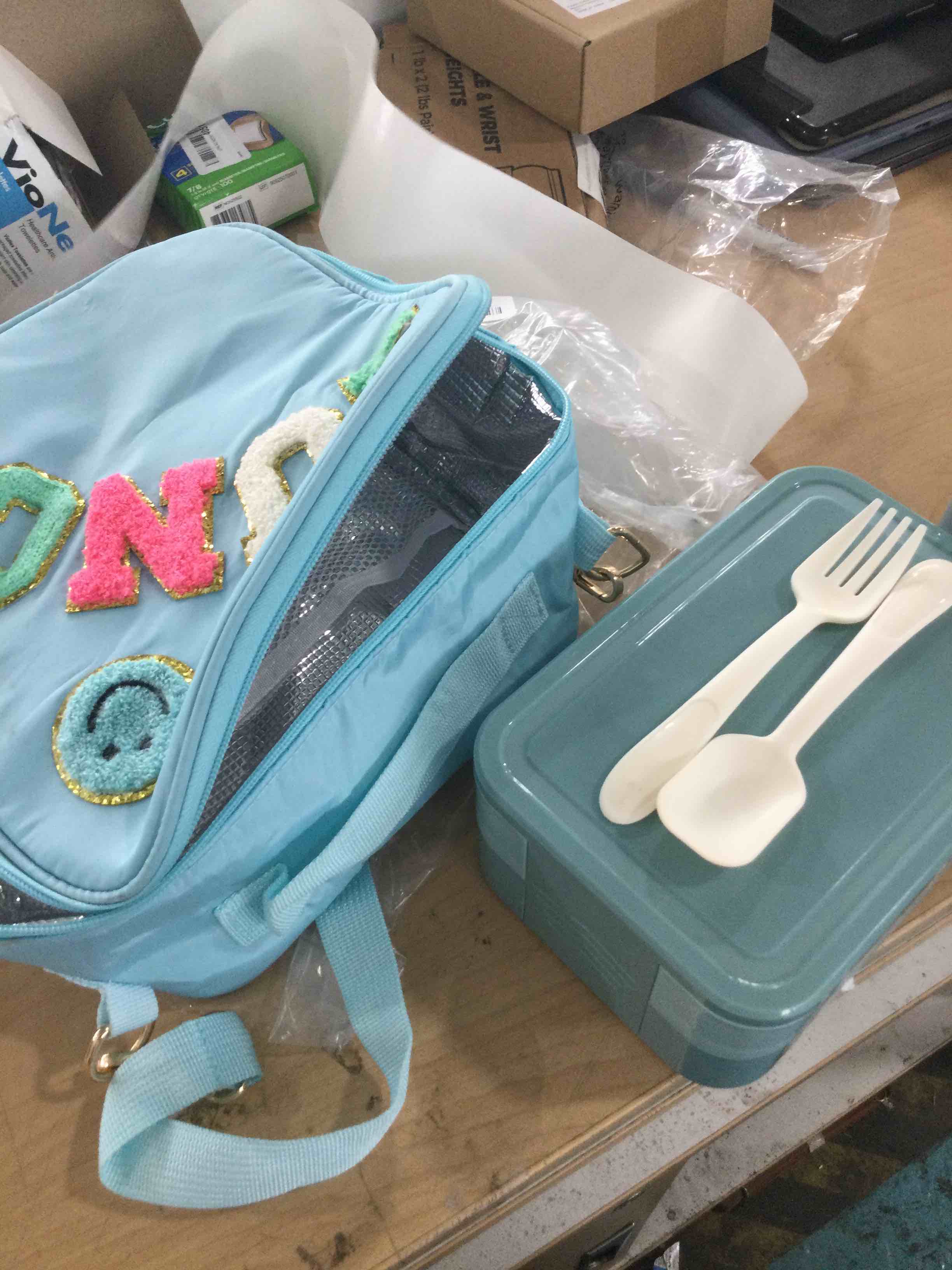 Condition photo showing Good Condition for painzieteg lunch box for girl with 10oz thermo 6 compartment bento set blue | nylon insulated lunch bag with adjustable strap, ideal for kids and teens school, travel and picnic, leakproof thermal pouch