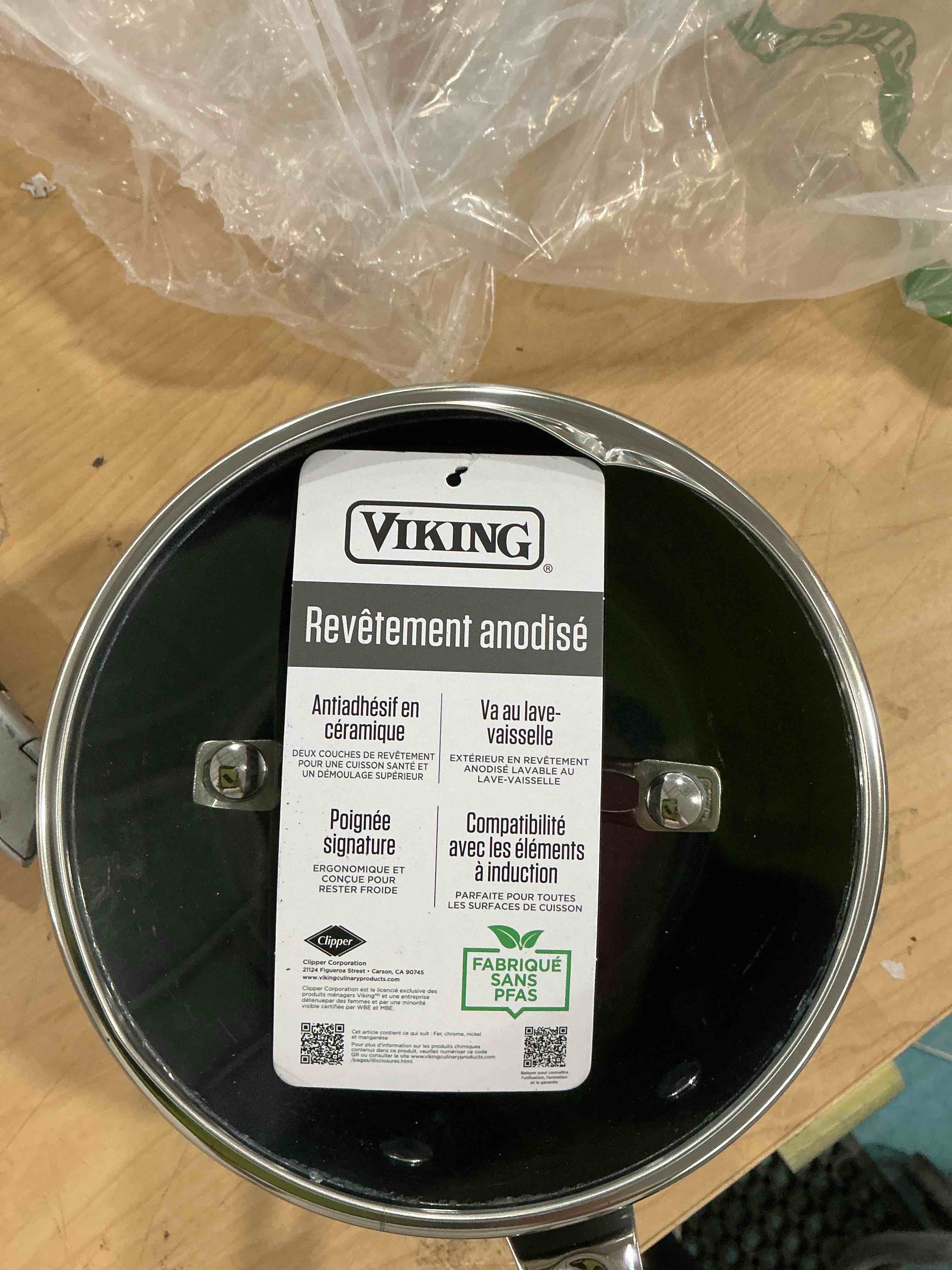 Condition photo showing New/Like New for viking non stick sauce pan with glass lid, 2 quart hard anodized nonstick saucepan cooking pot, dishwasher and oven safe, induction ready, gray top lid has a dent