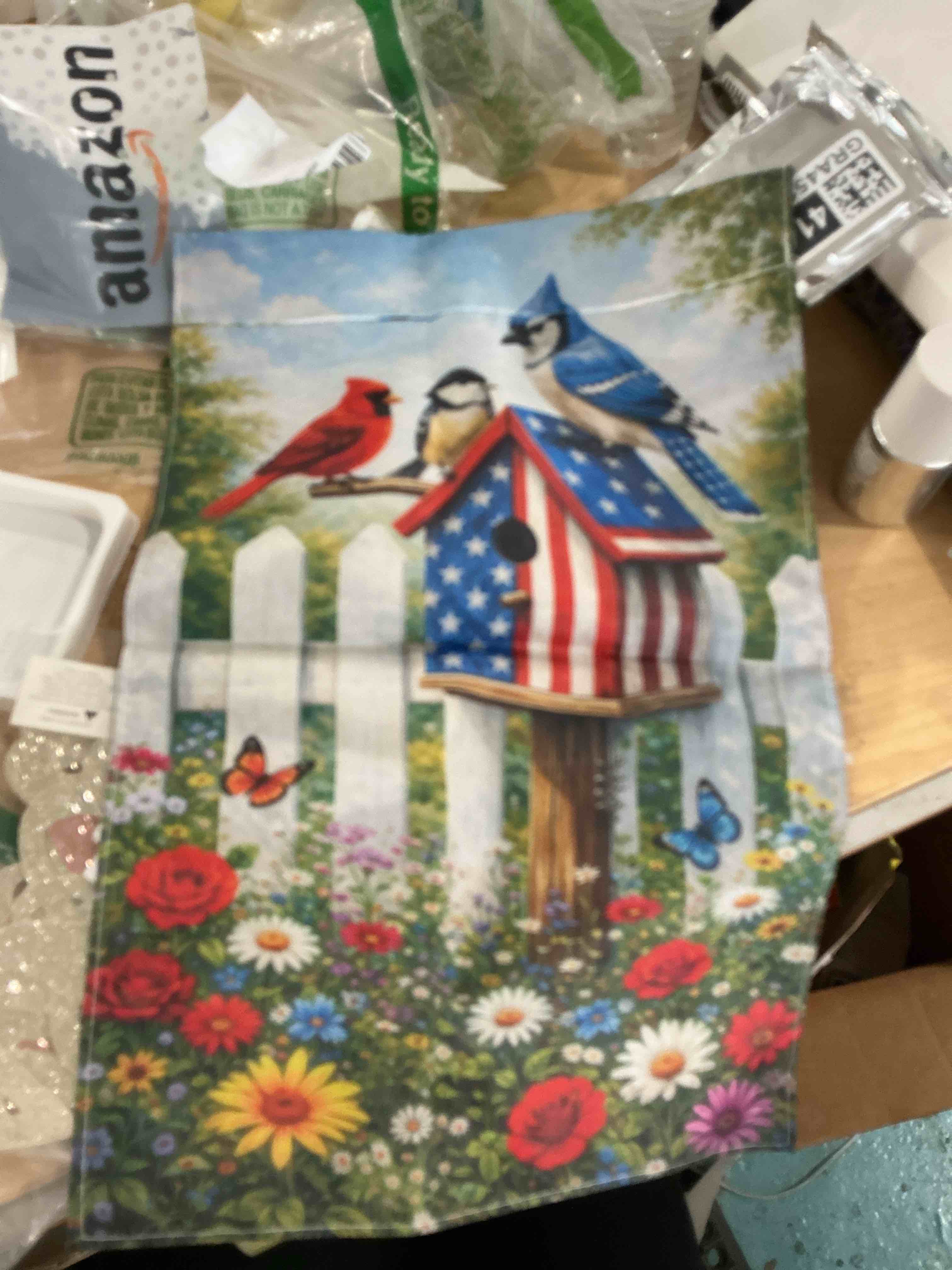 Condition photo showing New/Like New for bird garden flag for outside, vertical double sided burlap welcome garden small yard flag home for decor, holiday house seasonal farmhouse spring summer outdoor patio lawn decoration 12 x 18 inch m46