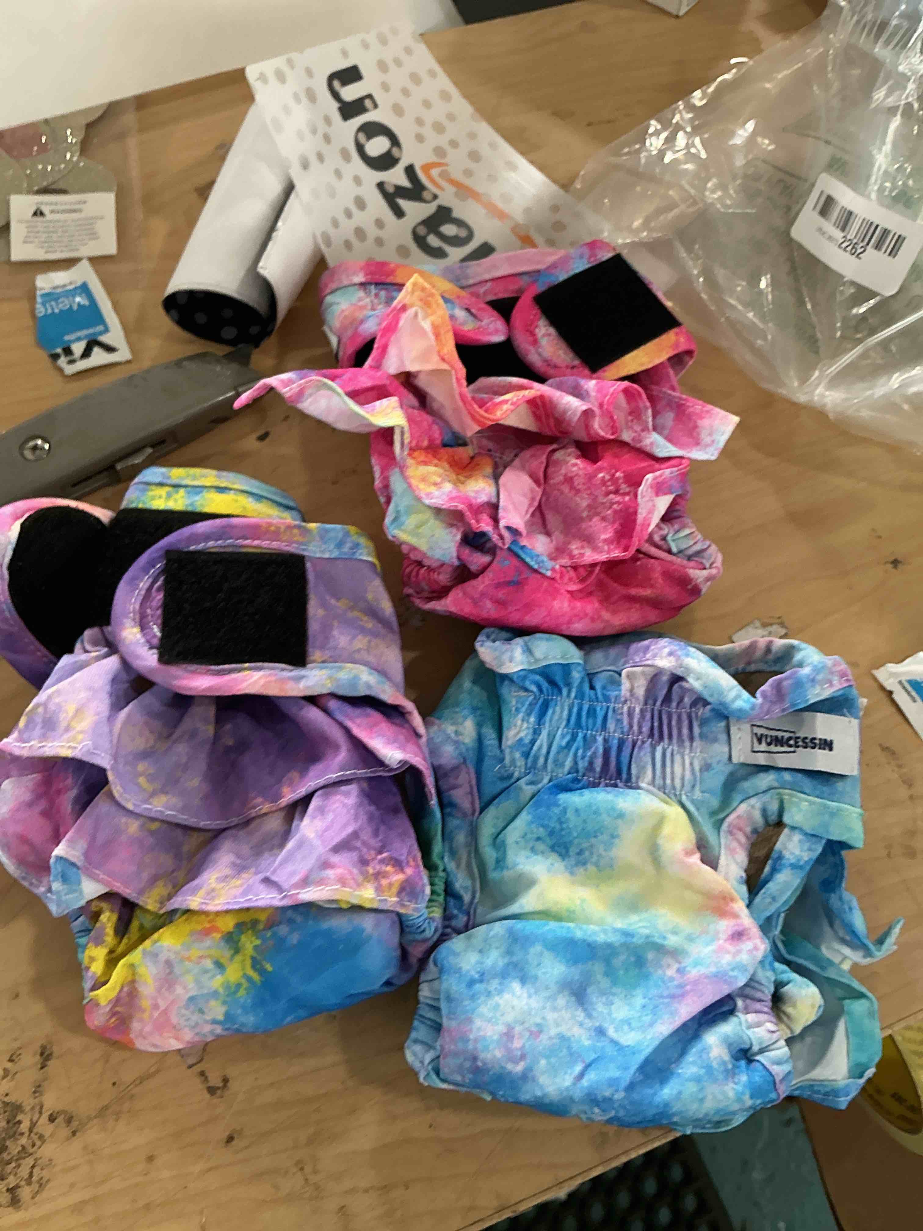 Condition photo showing New/Like New for reusable dog diapers female washable, premium doggie diaper for dogs, pack of 3, highly absorbent small dog diaper for heat, incontinence and puppy training(s) multi color tie-dye small