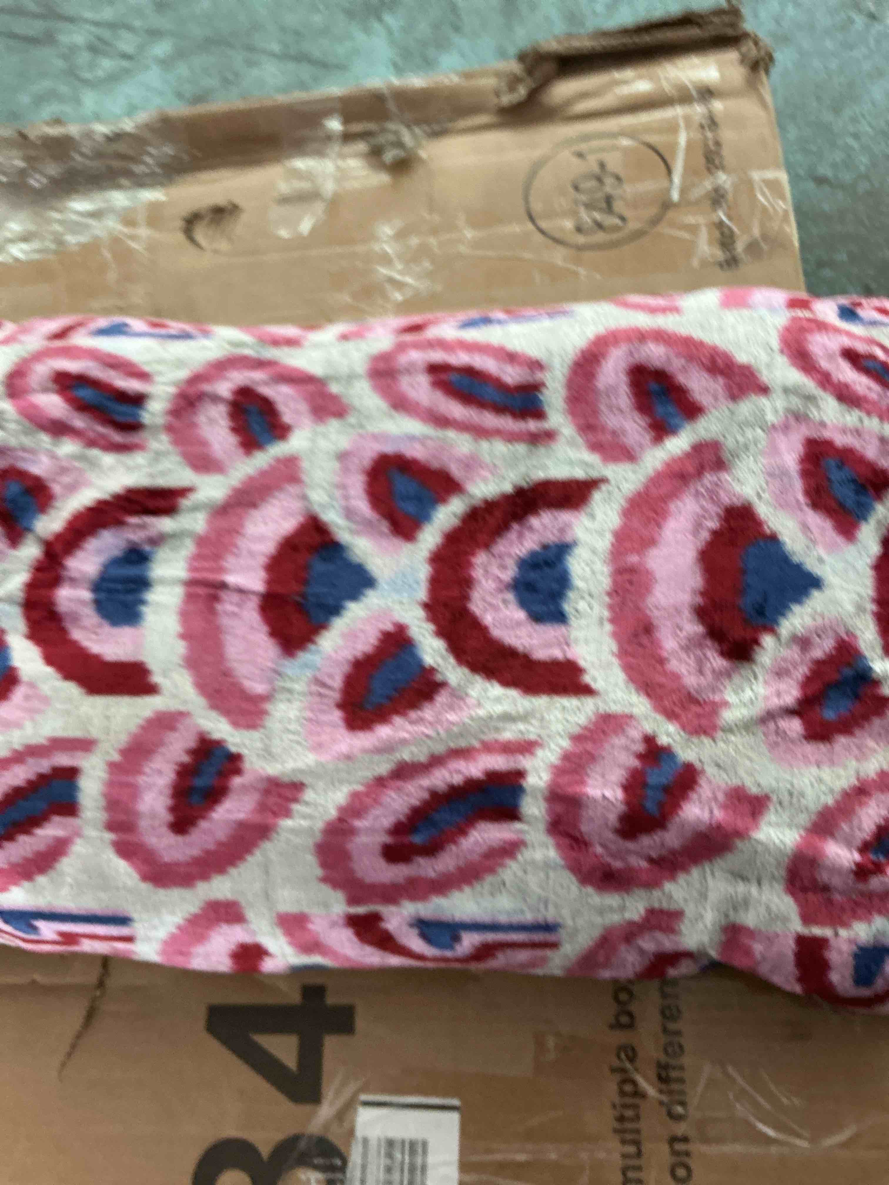 Condition photo showing New/Like New for canvello handmade velvet throw pillow with down feather insert - 16x24 inches, geometric swirl pattern in vibrant pink, red, and blue, soft decorative cushion1