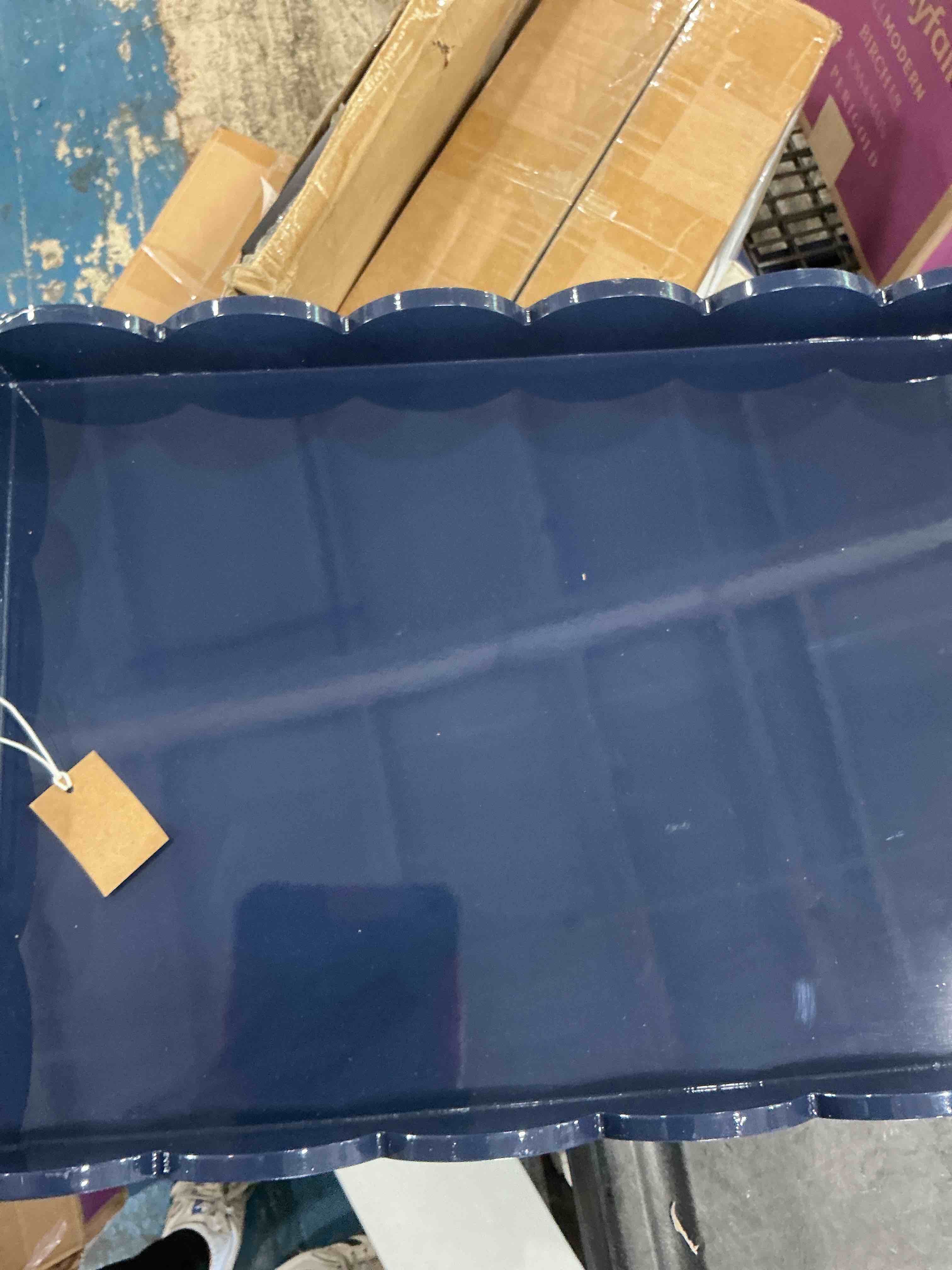 Condition photo showing As Is for storied home wide wood tray, navy