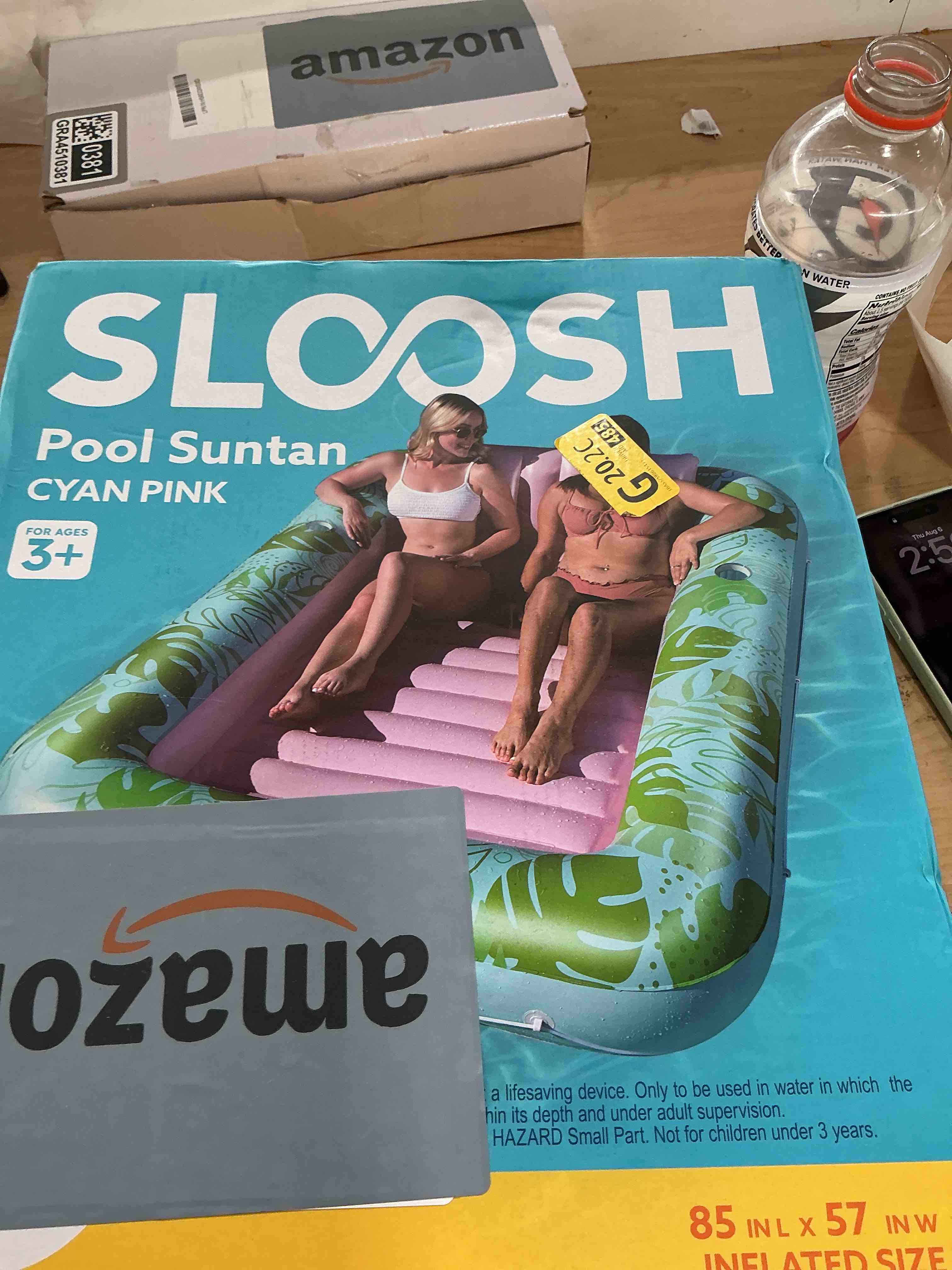 Condition photo showing New/Like New for sloosh inflatable tanning pool lounger float, 85" x 57" extra large pool floats adult with pillow, 4 in 1 suntan tub raft floatie,sunbathing bed lounge for water blow up ball pit, xl-cyan pink