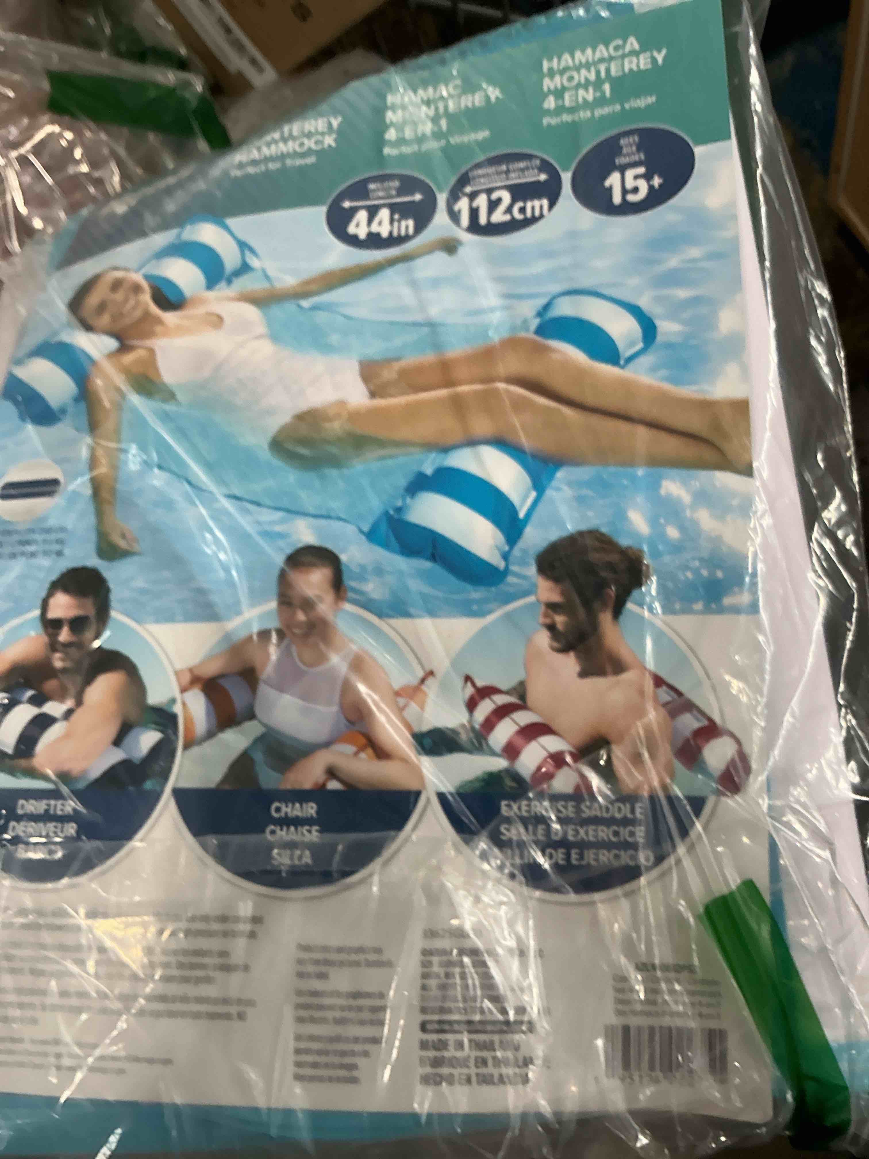 Condition photo showing New/Like New for aqua 4-in-1 monterey hammock pool float & water hammock, multi-purpose, inflatable pool floats for adults, patented thick, non-stick pvc material, one light blue & one navy/white stripe, 2-pack light blue & navy/white stripe (2 pack) monterey hammock