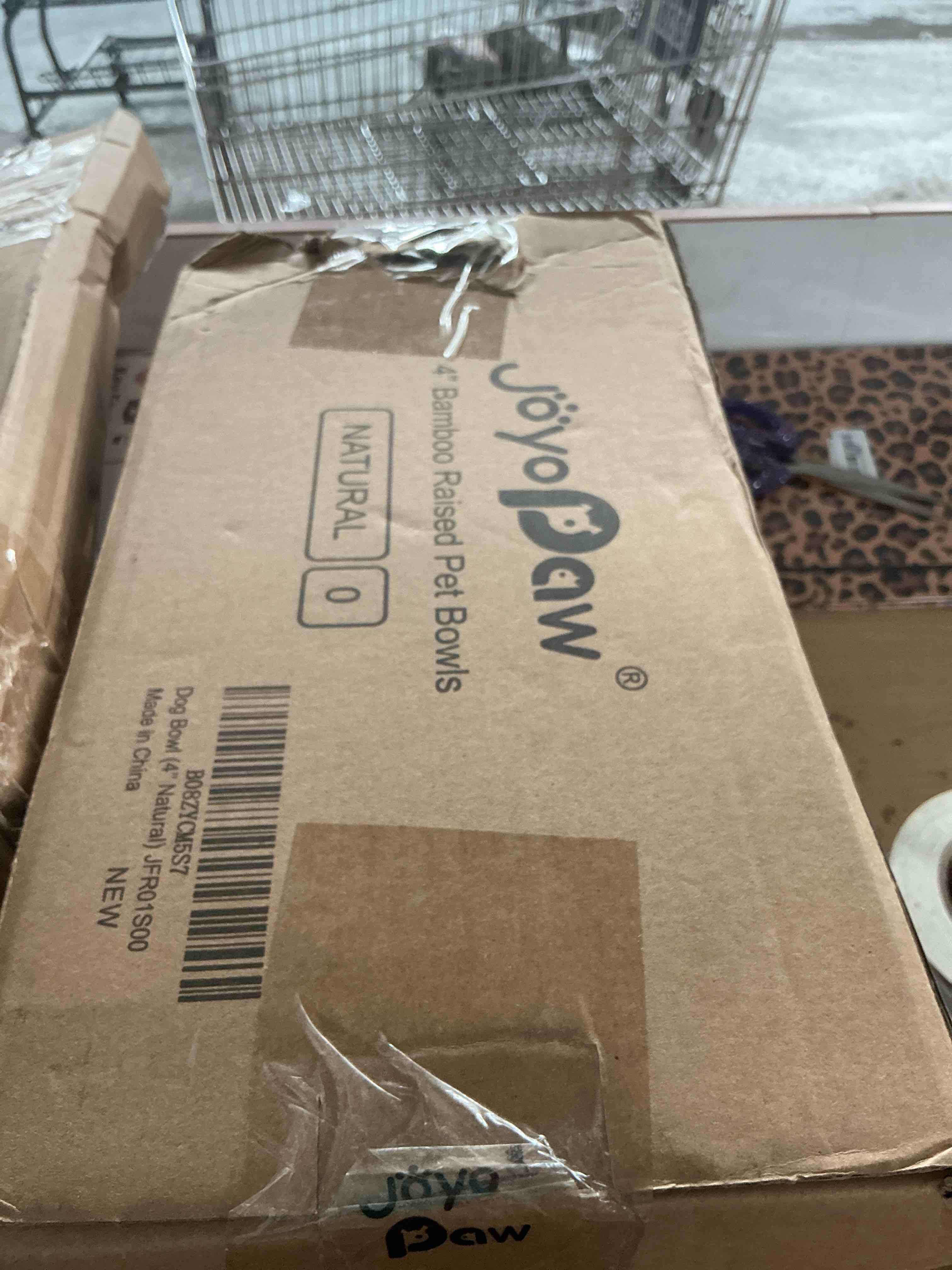 Condition photo showing New/Like New for elevated dog bowls, bamboo raised dog bowl for small dogs & cats, with 2 stainless steel bowls (4'' tall-20oz bowl, natural) small: 4'' tall-20oz bowl natural