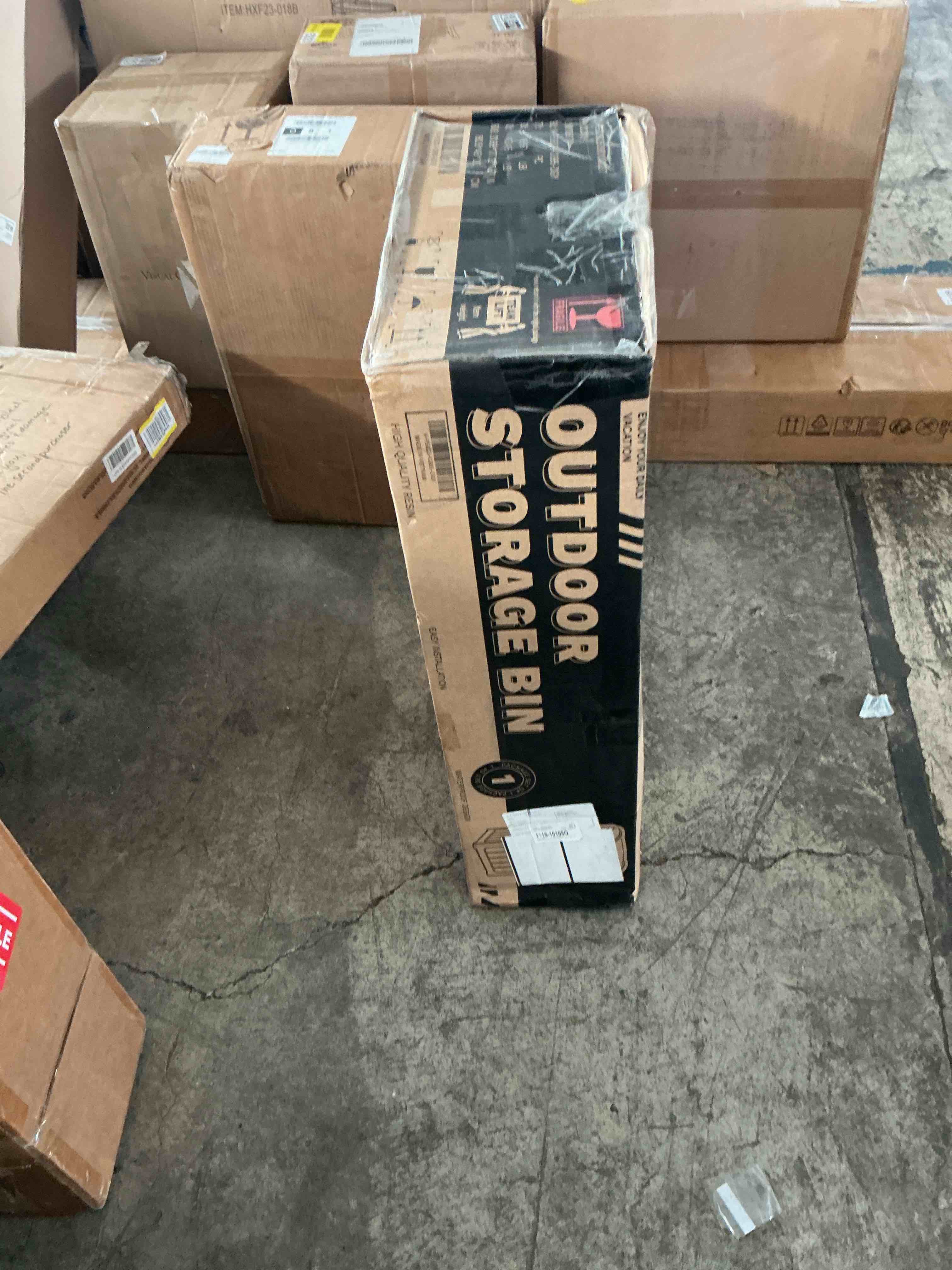 Condition photo showing New/Like New for 30 gallon outdoor deck box,storage lockable waterproof patio furniture,garden tools,cushions,pool accessories outside storage resin box(black)