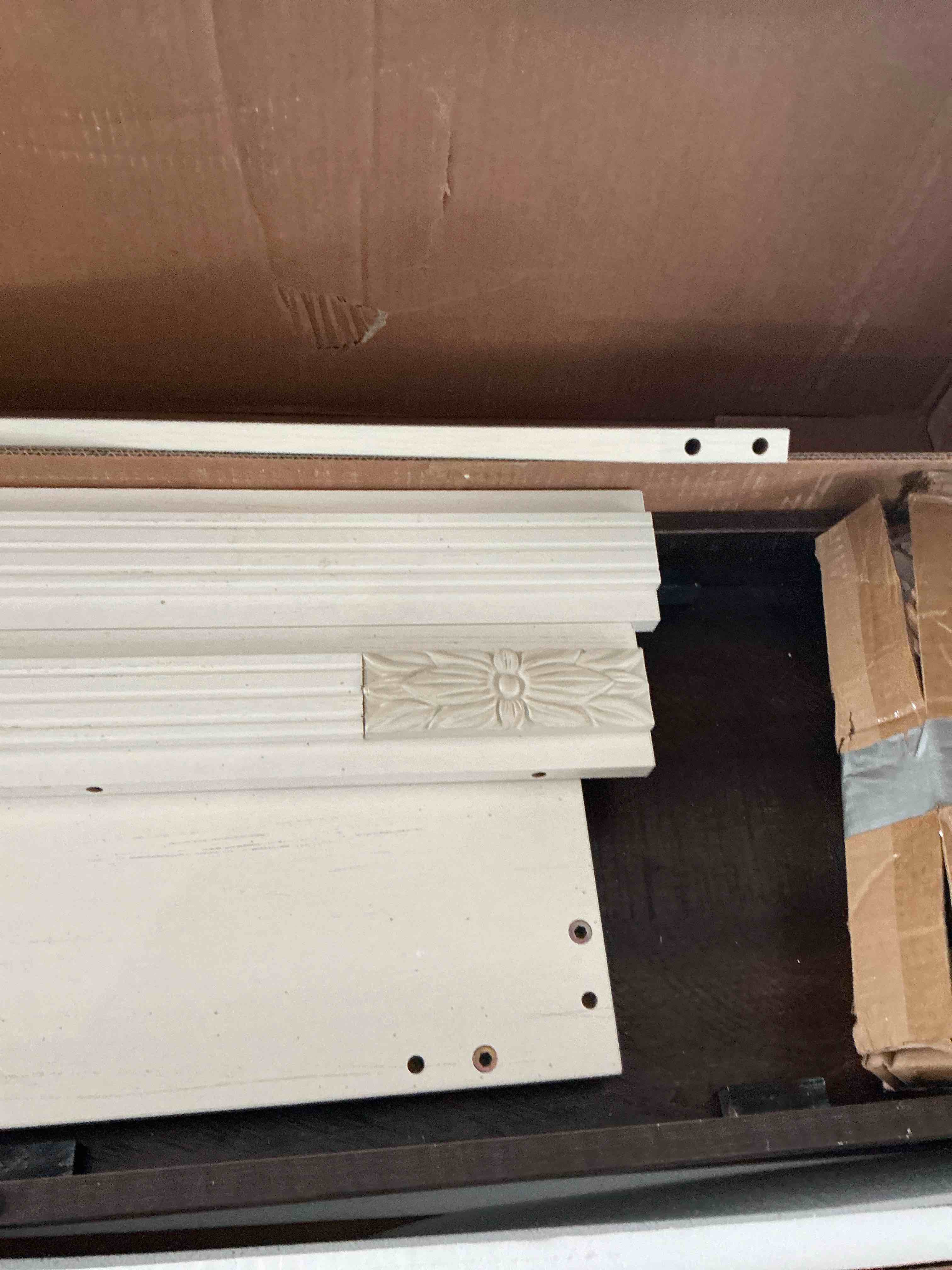 Condition photo showing New/Like New for fireplace mantel surround, freestanding wood mantel with leg, decorative farmhouse fireplace frame, premium grade a mdf anti-tipping mantel for living room, white and brown with stones