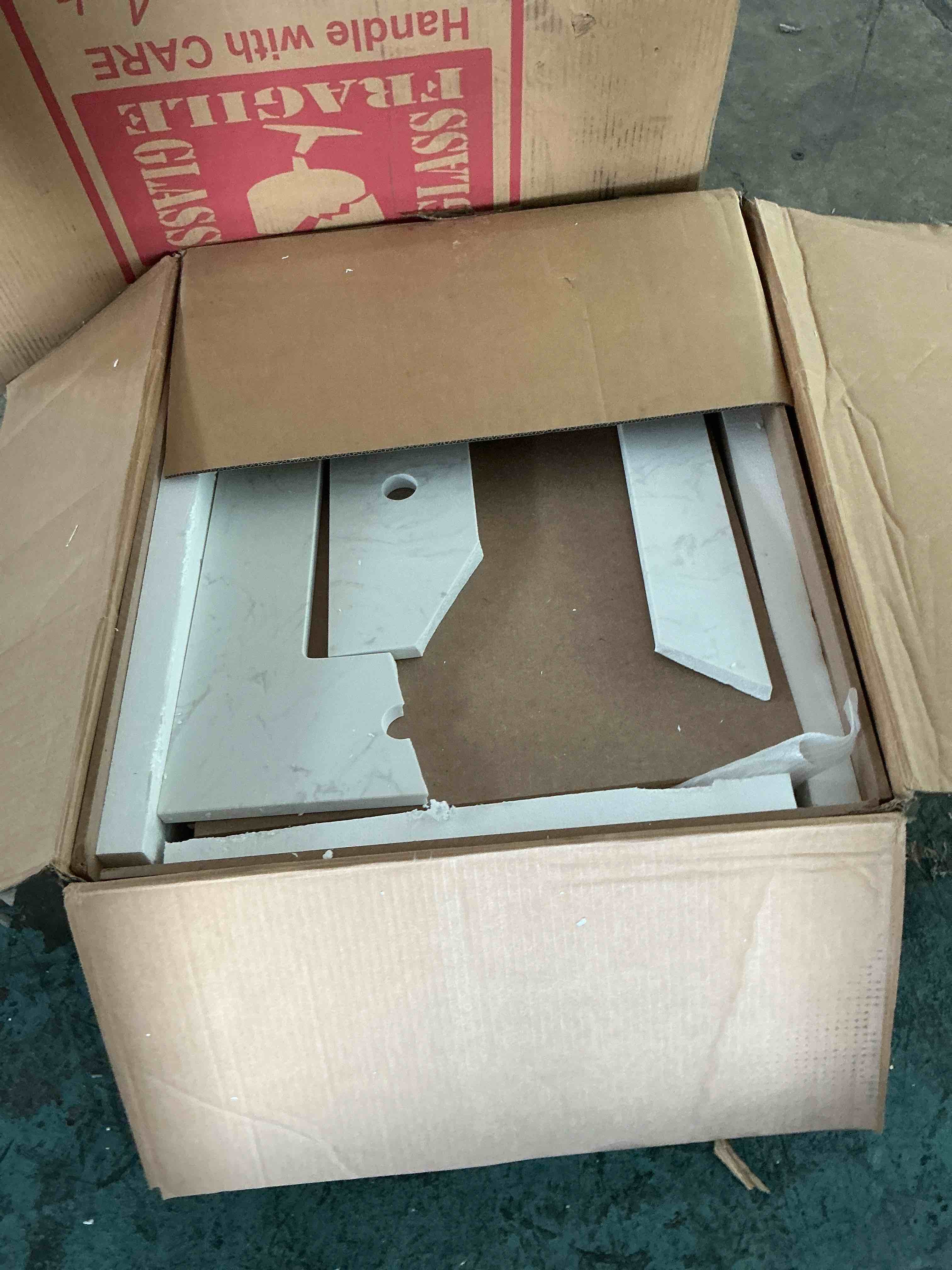 Condition photo showing As Is for bathroom vanity top with undermounted large ceramic sink & backsplash, sintered stone artificial marble vanity sink tops with 3 pre-drilled hole, elegant white box1/2  no cabinet 