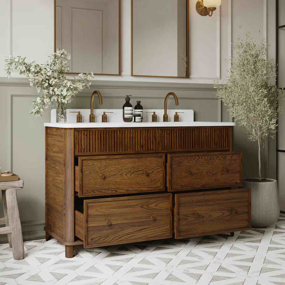 Condition photo showing New/Like New for kathryne 54" double bathroom vanity in enhanced light brown oak | box1/2. check next auction for remaining box.