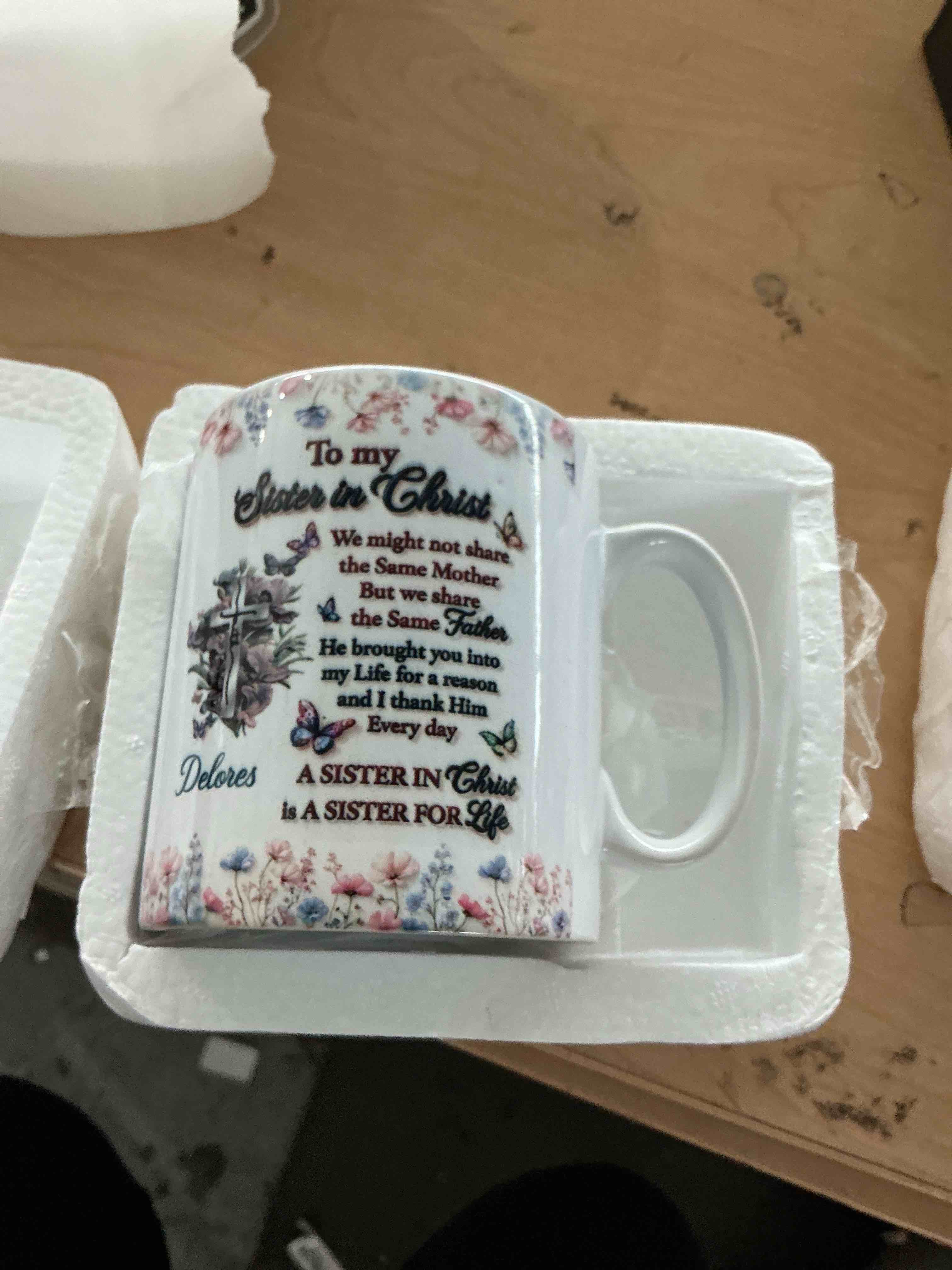 Condition photo showing New/Like New for to my sister in christ, we might not share the same mother - personalized sisters ceramic mug, birth month flower bestie christian mug, women religious coffee cup, sister religious gift, faith gift delores