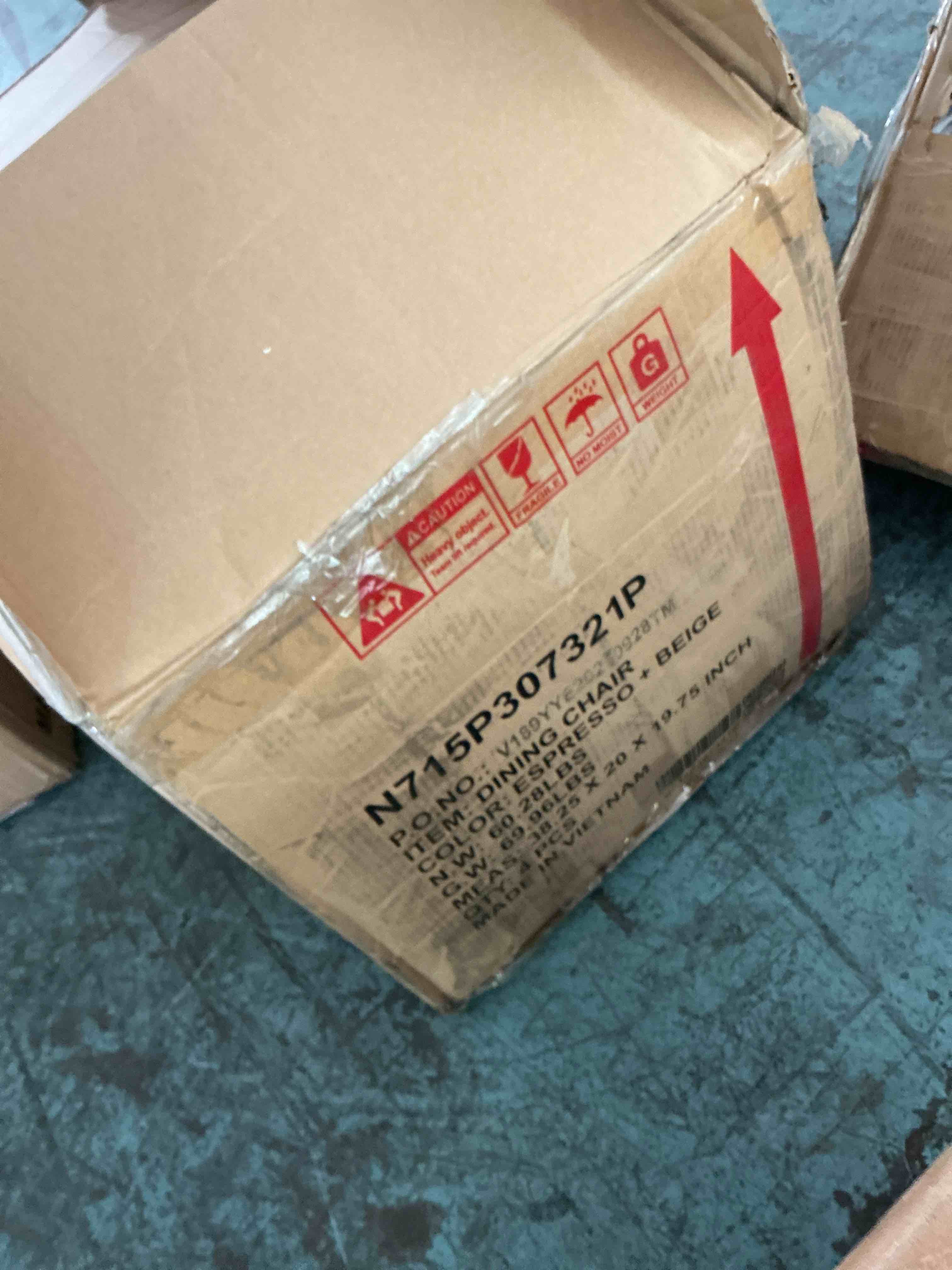 Condition photo showing New/Like New for padded dining chairs, light beige polyester fabric, button-tufted & pull handle back, nailhead trim, solid wood, set of 4espresso, dapel32 boss, one of two seats only check next auction for remaining box