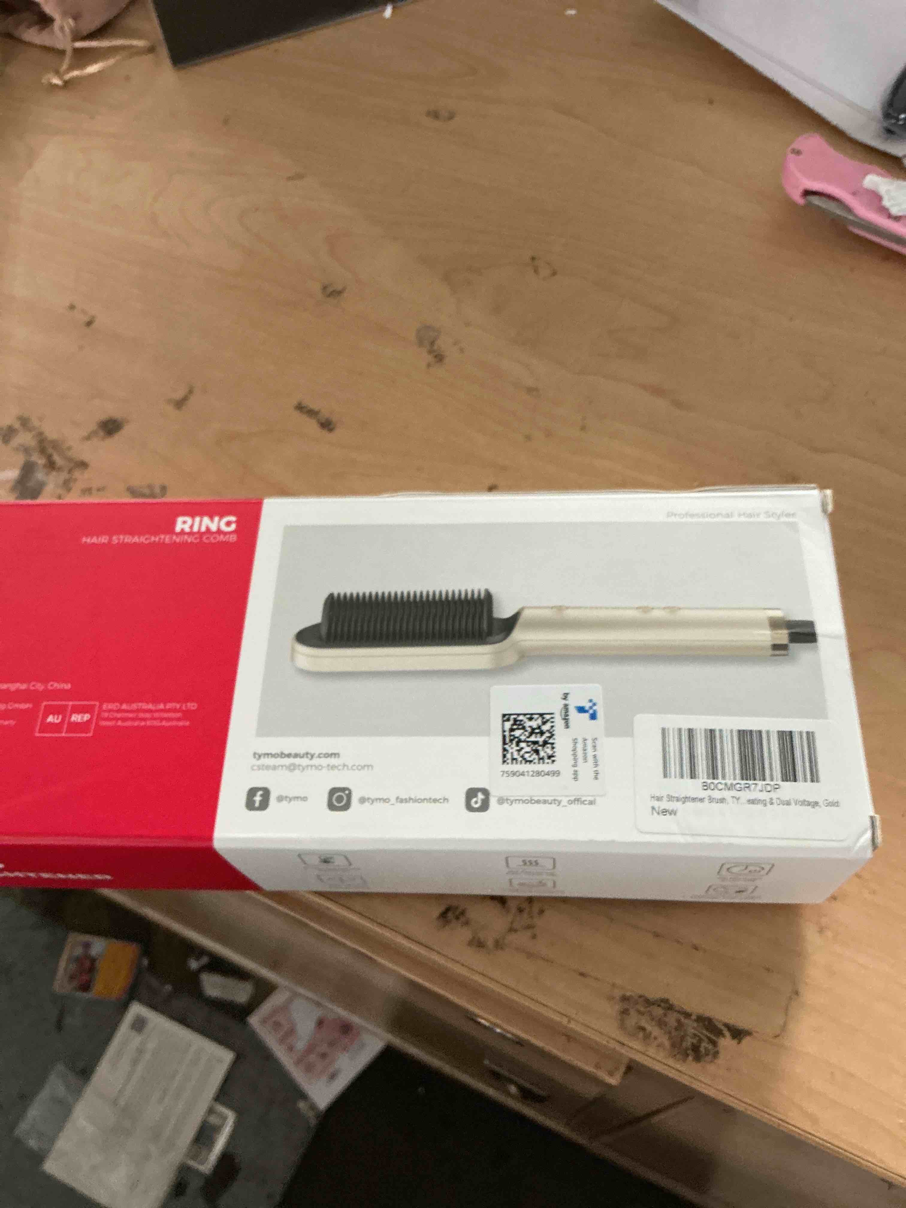 Condition photo showing New/Like New for hair straightener brush, tymo ring hair straightener comb straightening brush for women with 5 temps 20s fast heating & dual voltage, gold