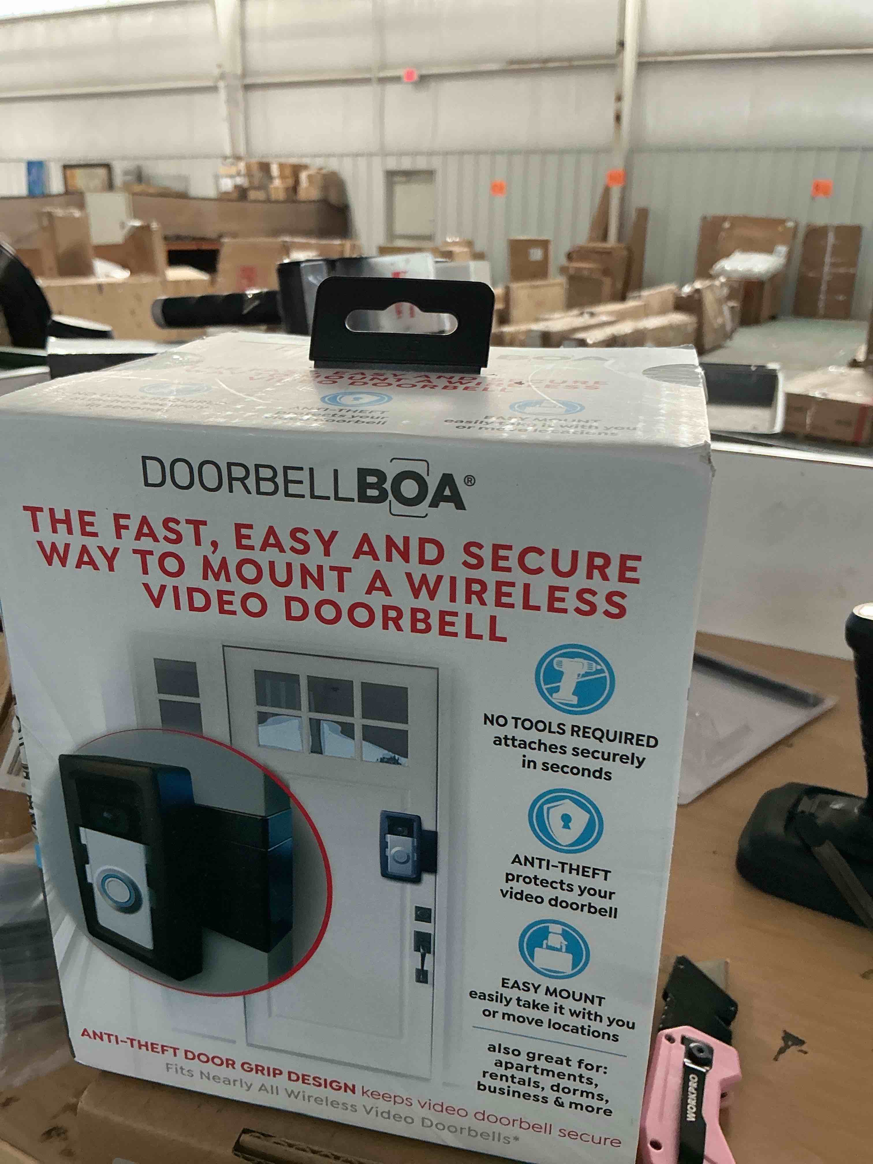 Condition photo showing New/Like New for doorbellboa anti-theft video doorbell door mount, no tools or installation, mounts securely in seconds, black