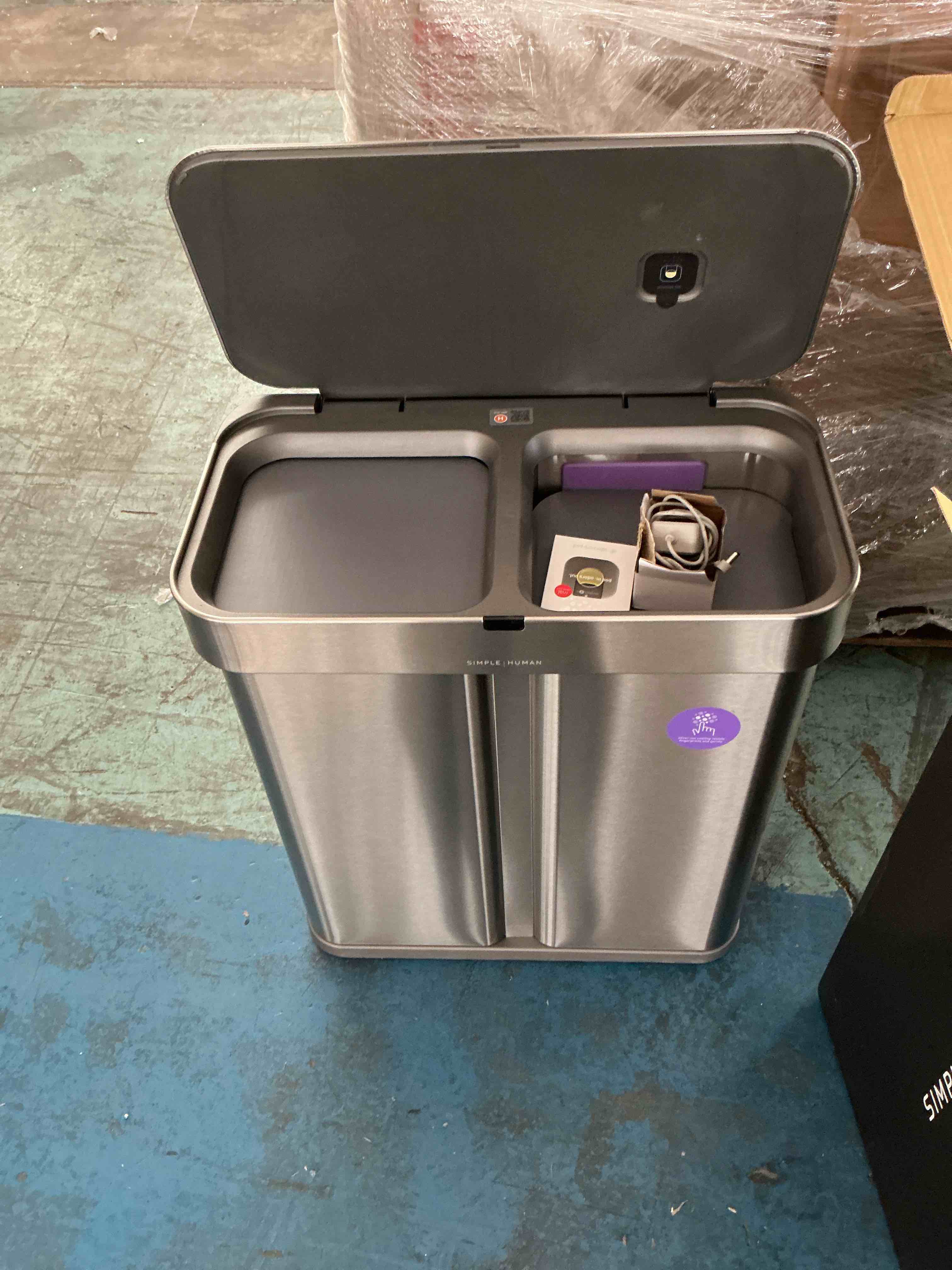 Condition photo showing New/Like New for simplehuman 58l dual compartment voice + motion sensor kitchen trash can recycler with liner pocket stainless steel