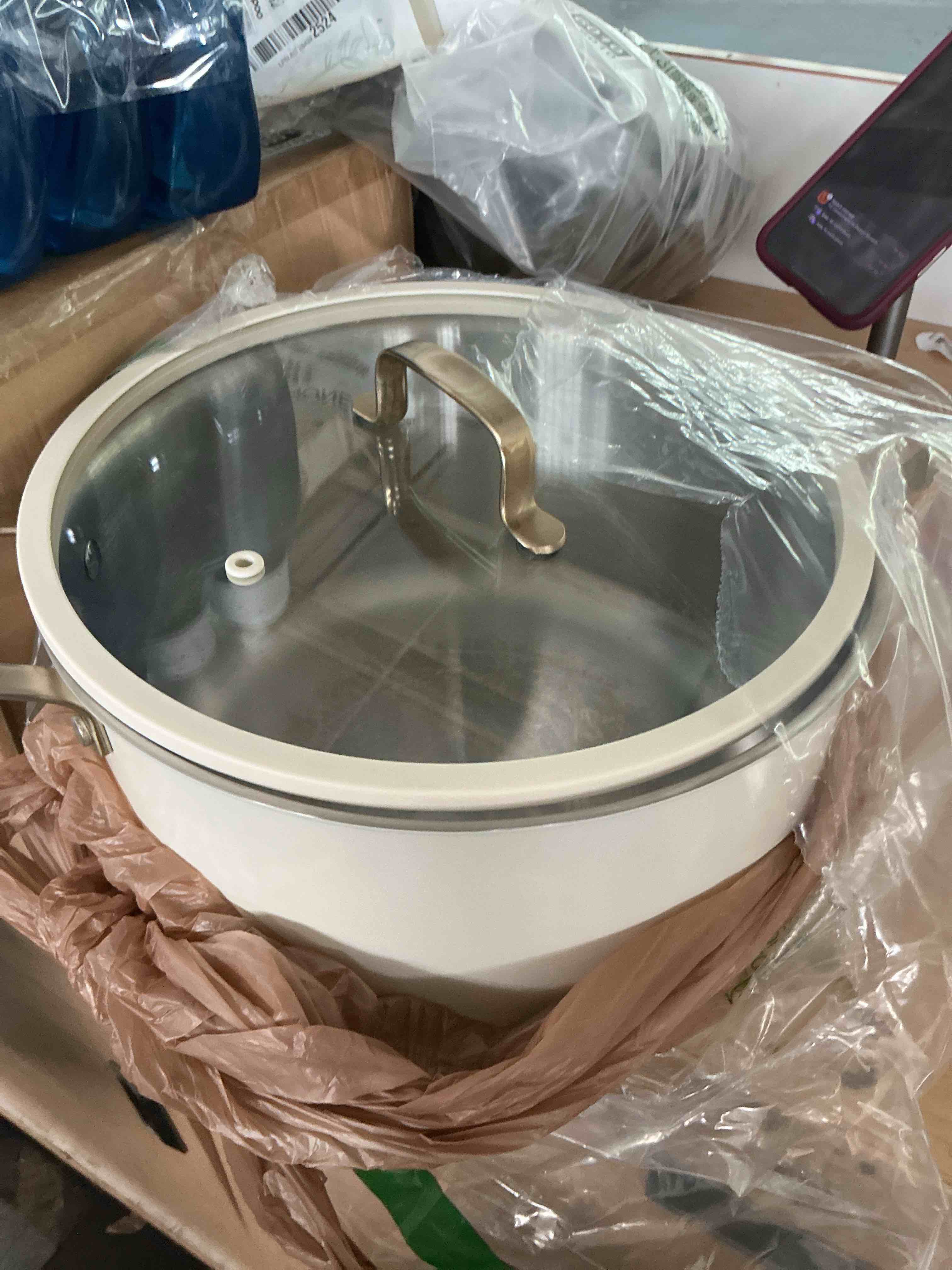 Condition photo showing Good Condition for triply stainless steel stock pot with lid, luxury hammered stainless steel 6 quart pot with lid & golden handle, premium induction stockpot -tan not silver 