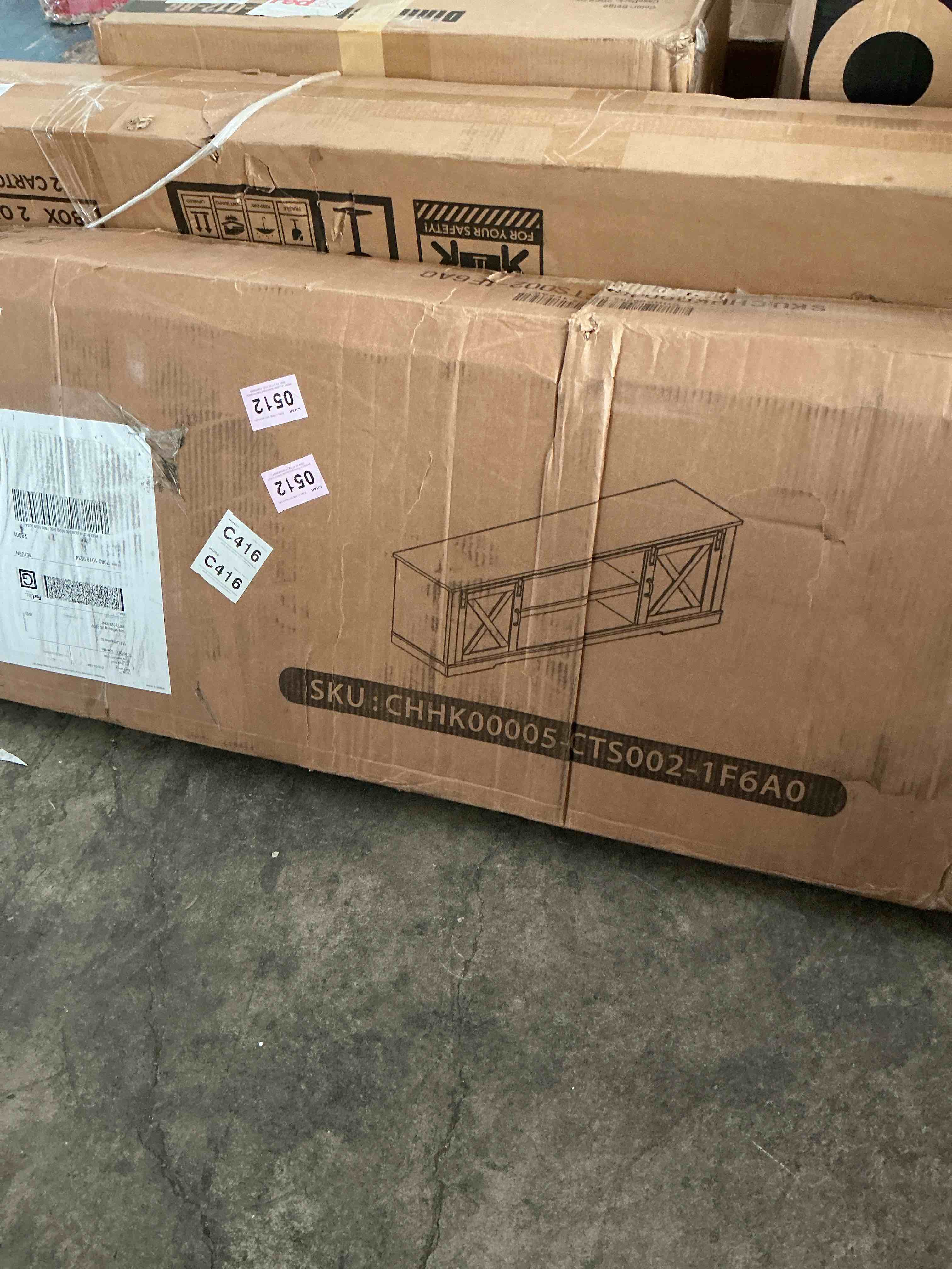 Condition photo showing New/Like New for whitevasagle farmhouse tv stand for tvs up to 65 inches, entertainment center with storage cabinets and sliding barn doors, media console table for living room, white ultv535k101