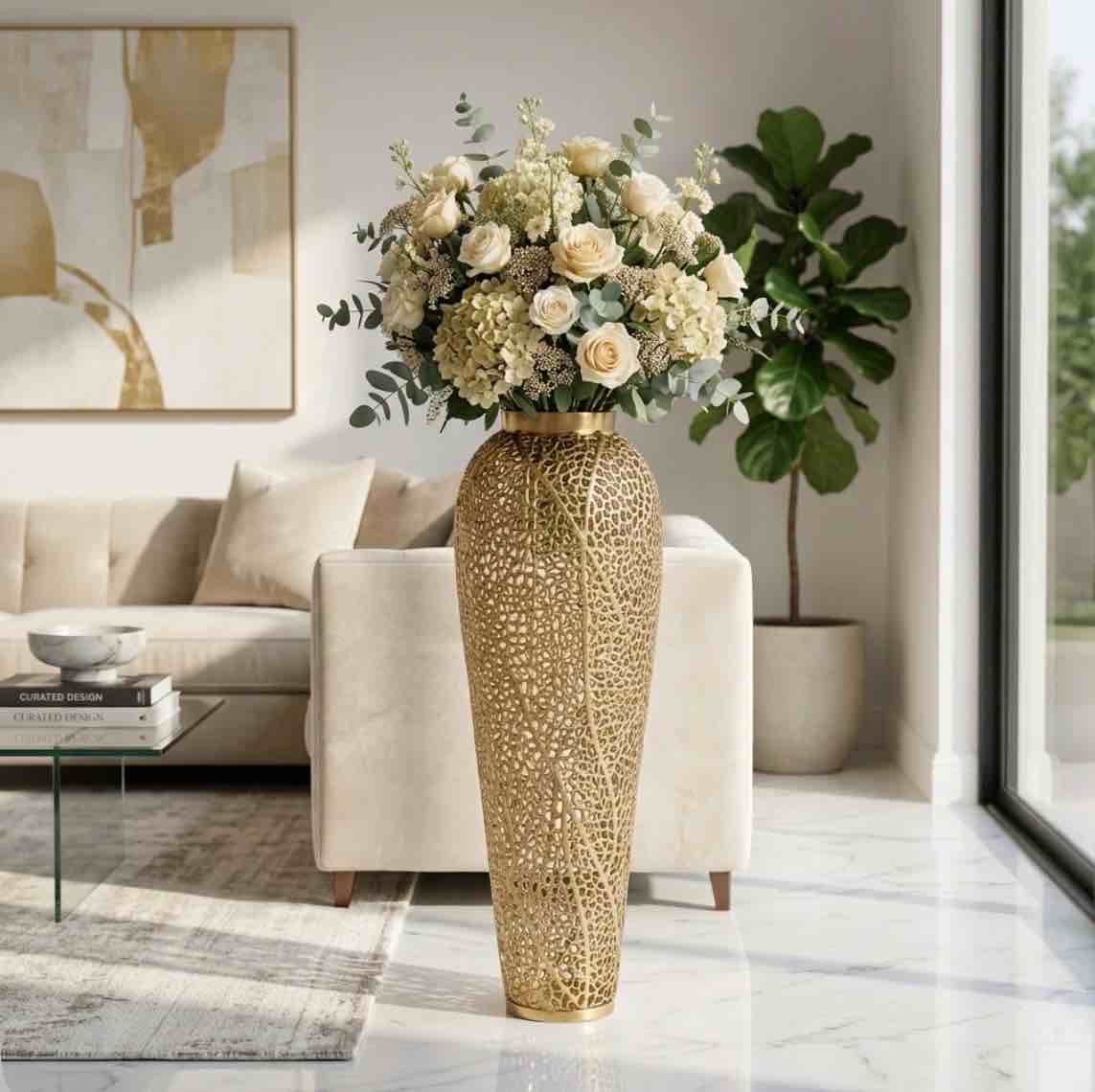 Condition photo showing New/Like New for 40 inch metal fauna bouquet flower vase gold elevarre sophisticated design for tasteful living