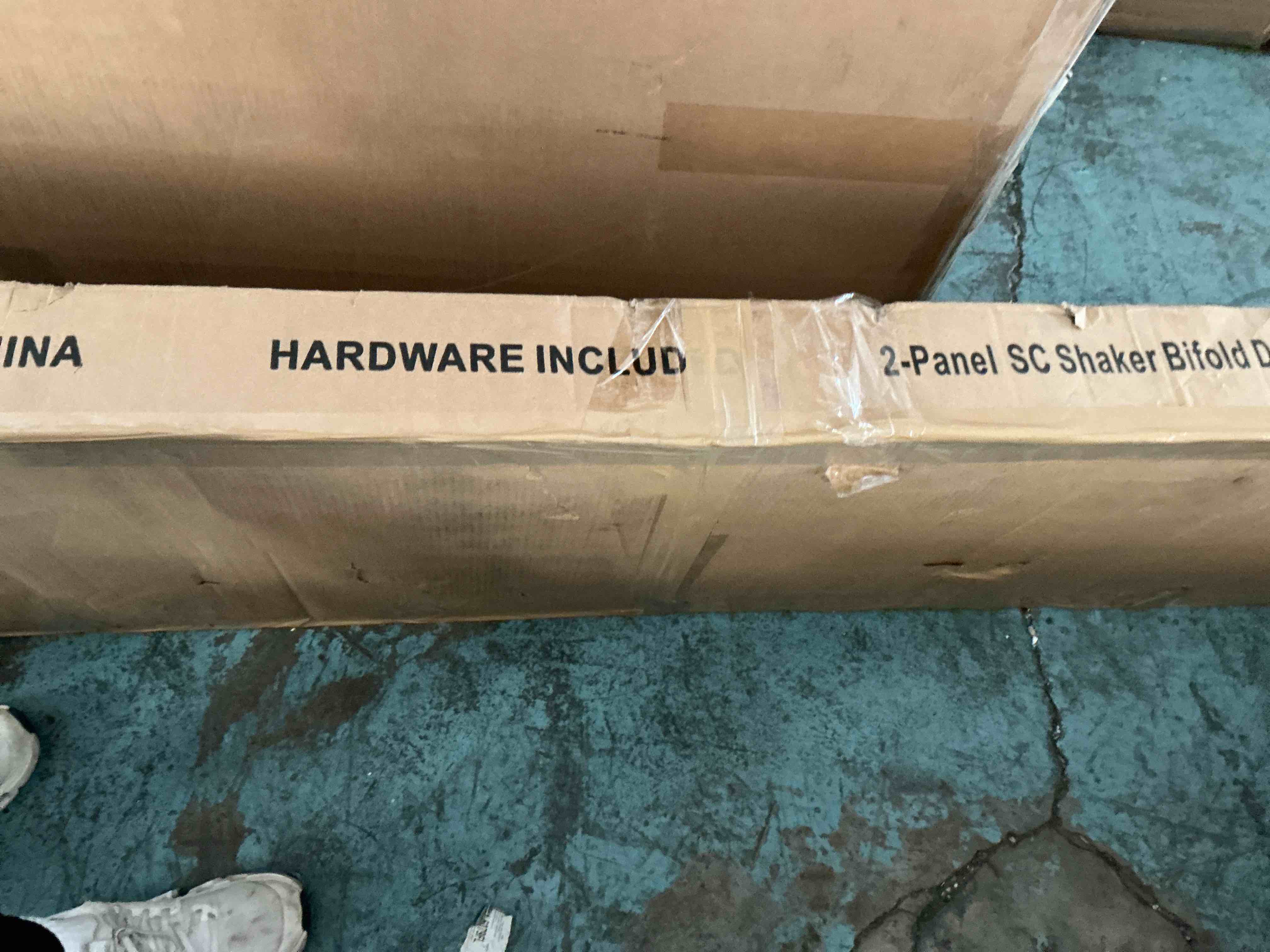 Condition photo showing New/Like New for bi-fold doors for 36" x 80" opening, solid mdf panel closet door hardware kit included, interior folding door pre-drilled holes easy assembly