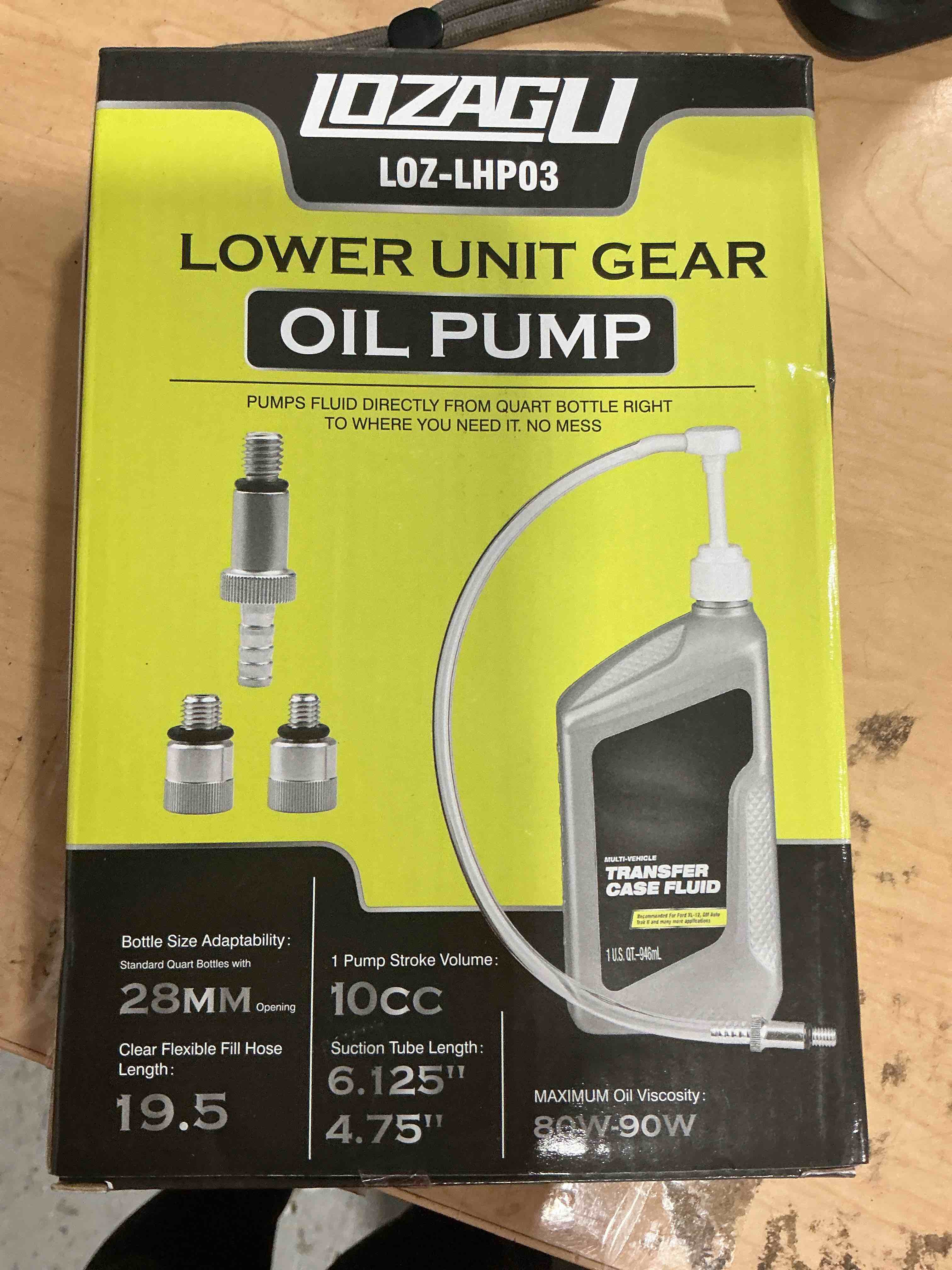 Condition photo showing Good Condition for lower unit gear oil pump for standard quart bottles - 10cc per pump stroke, transmission fluid pump includes 3/8 inch metal swivel, 8mm and 10mm, 3rd hand adapter