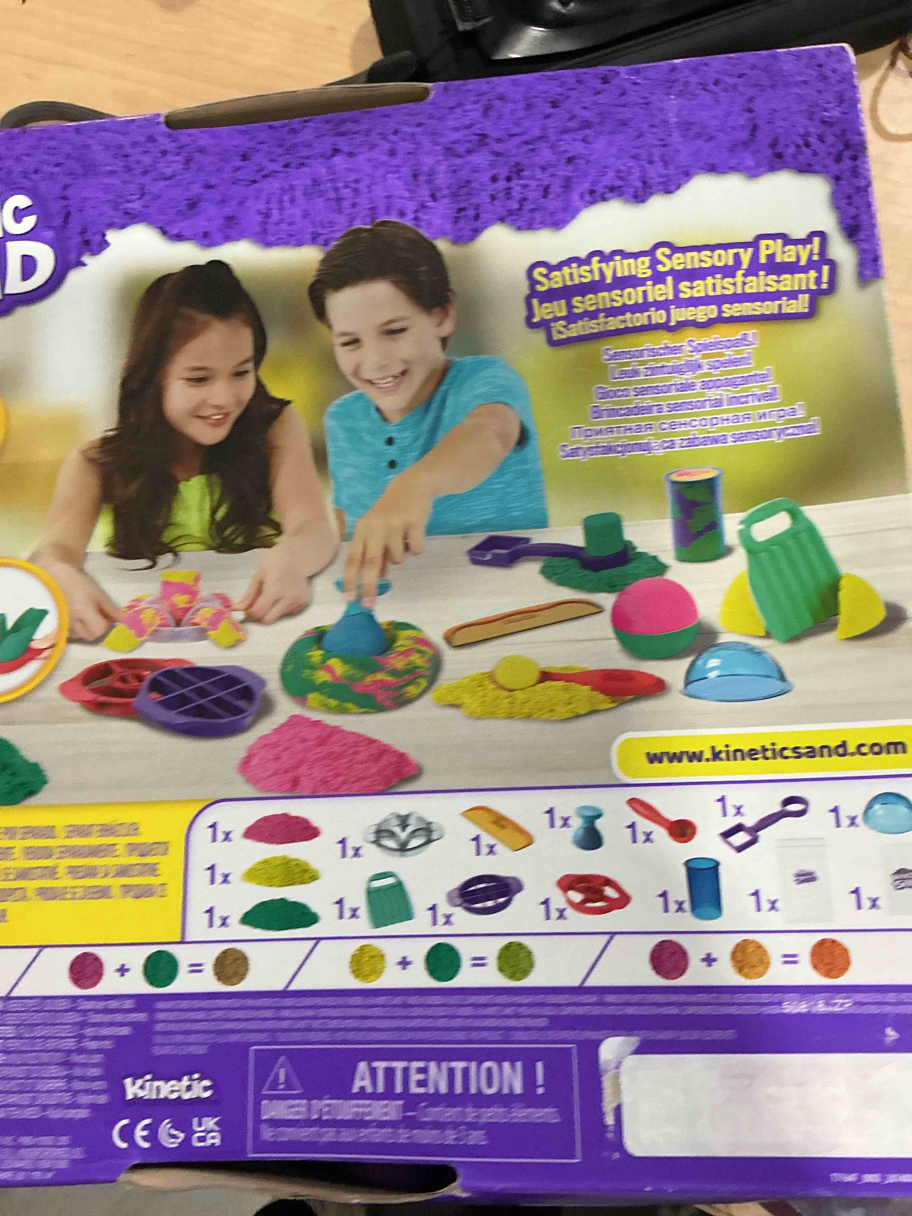 Condition photo showing New/Like New for kinetic sand, ultimate sandisfying set with 2lbs play sand (pink, yellow & teal), 10 tools & molds, sensory toys for kids ages 7 and up