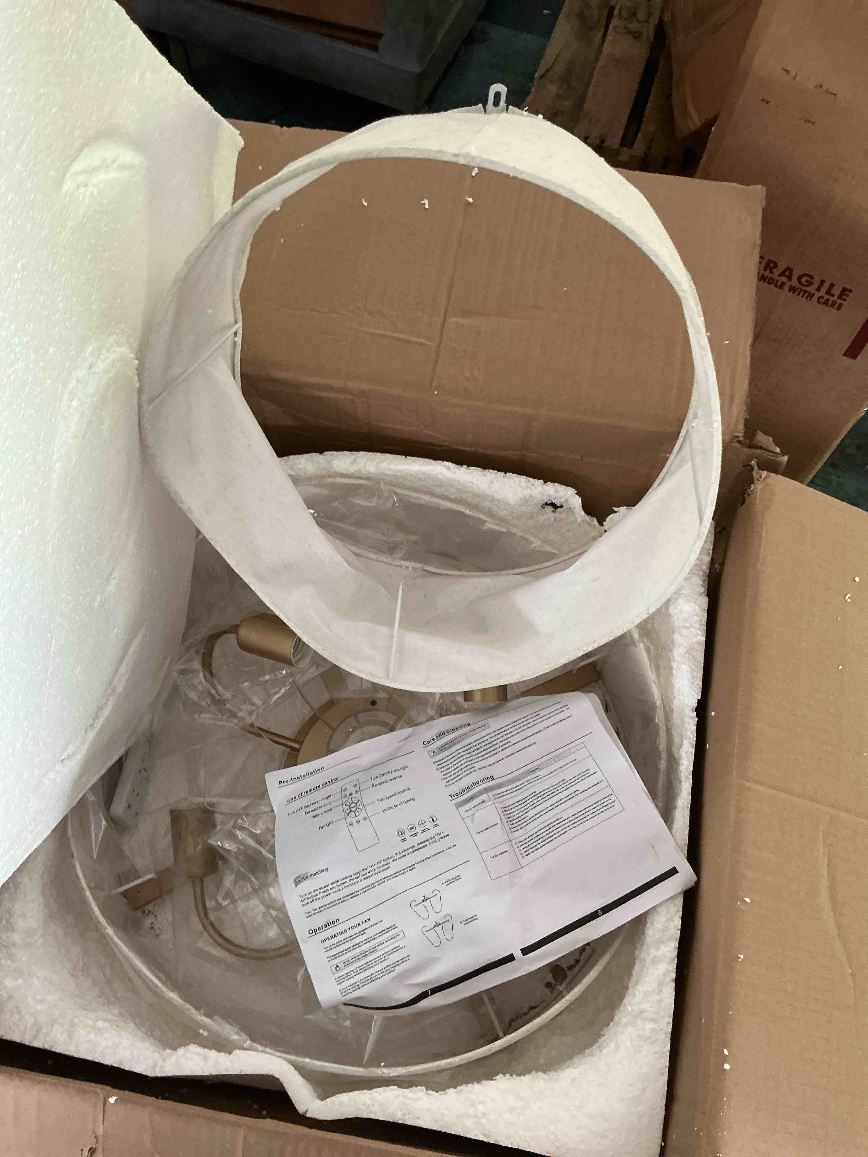 Condition photo showing As Is for flush mount ceiling fan with lights, 20" low profile boho ceiling fan with light remote control, caged with 6 speeds for bedroom, nursery, living room