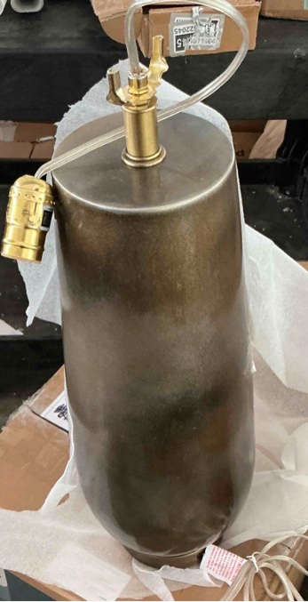 Condition photo showing As Is for gray ceramic table lamp - no beige linen shade, 00k warm whitecopper-accented base for bedroom nightstand living room gray similar not exact
