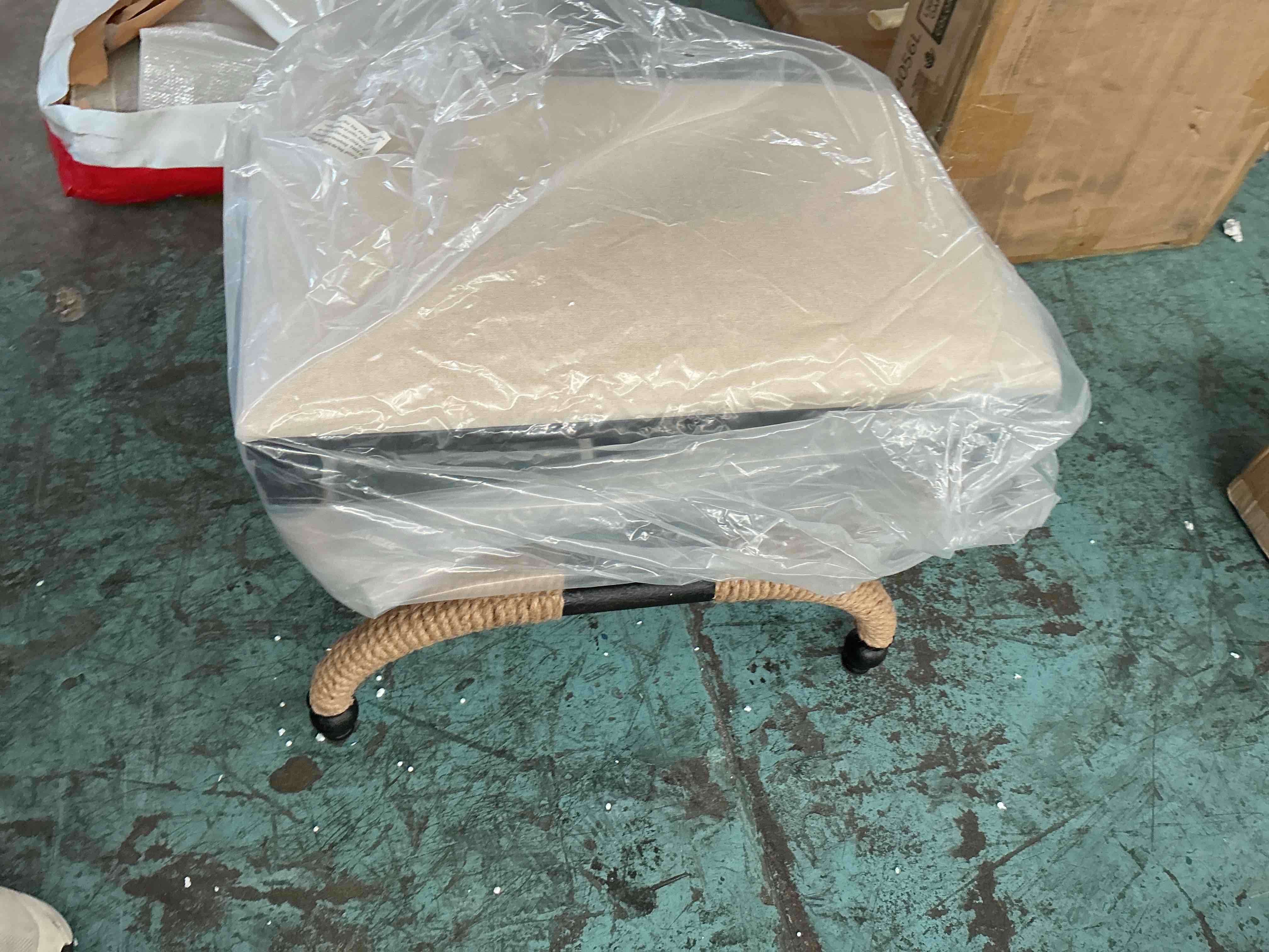 Condition photo showing New/Like New for brand new uttermost icaria oatmeal fabric seat cushion rustic modern iron bench