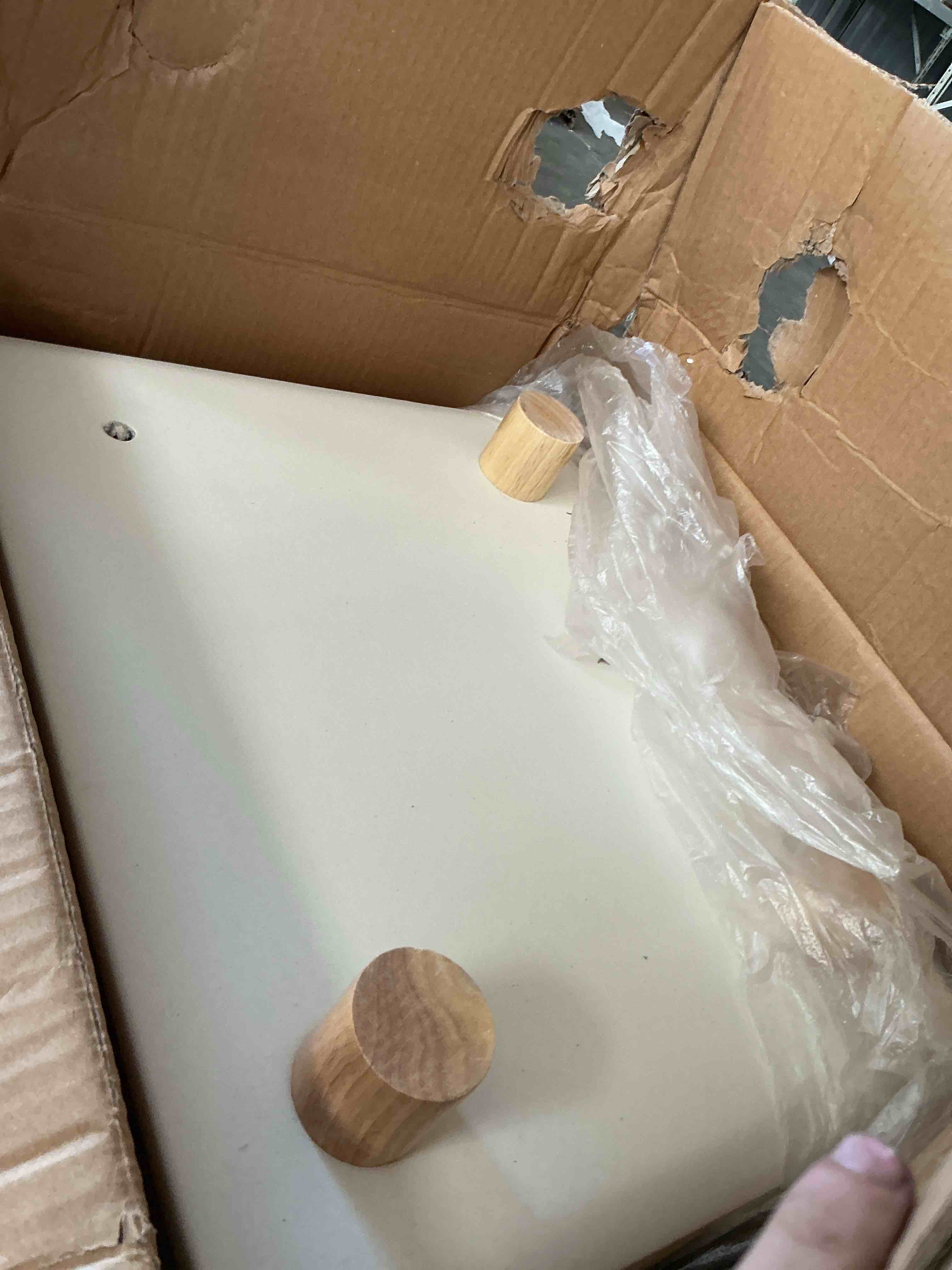 Condition photo showing New/Like New for giantex night stand with 2 drawers, mid century modern bedside table with cute round knobs, wooden side end table with solid rubber wood legs, small nightstand for kids bedroom dorms, white missing 1 foot and slightly different design at the bottom