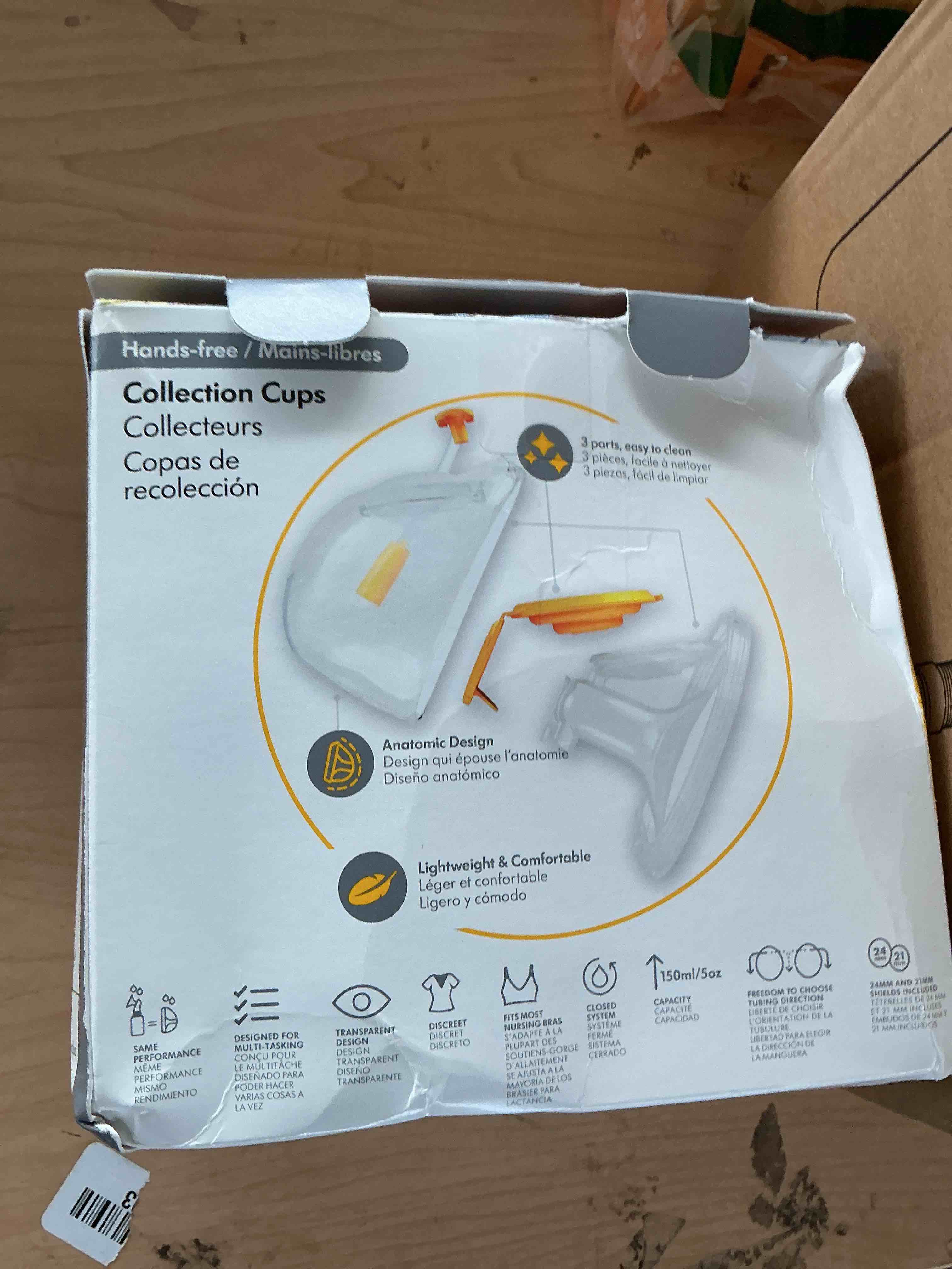Condition photo showing New/Like New for medela hands-free collection cups, compatible with freestyle flex, pump in style with maxflow, and swing maxi electric breast pumps, 1 set of 2 cups