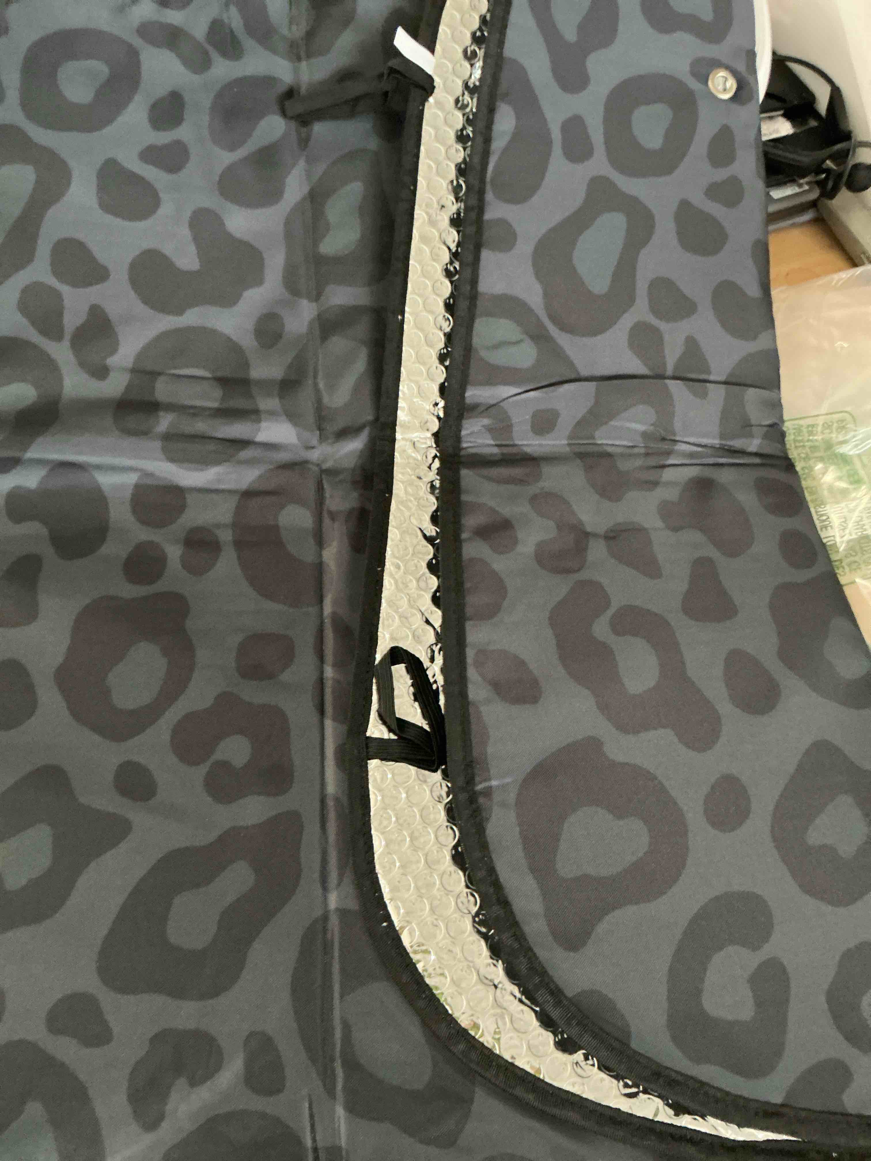 Condition photo showing New/Like New for windshield sun shade dark gray leopard cheetah print ram front window block uv shades visor reflective retractable for car suv trucks
