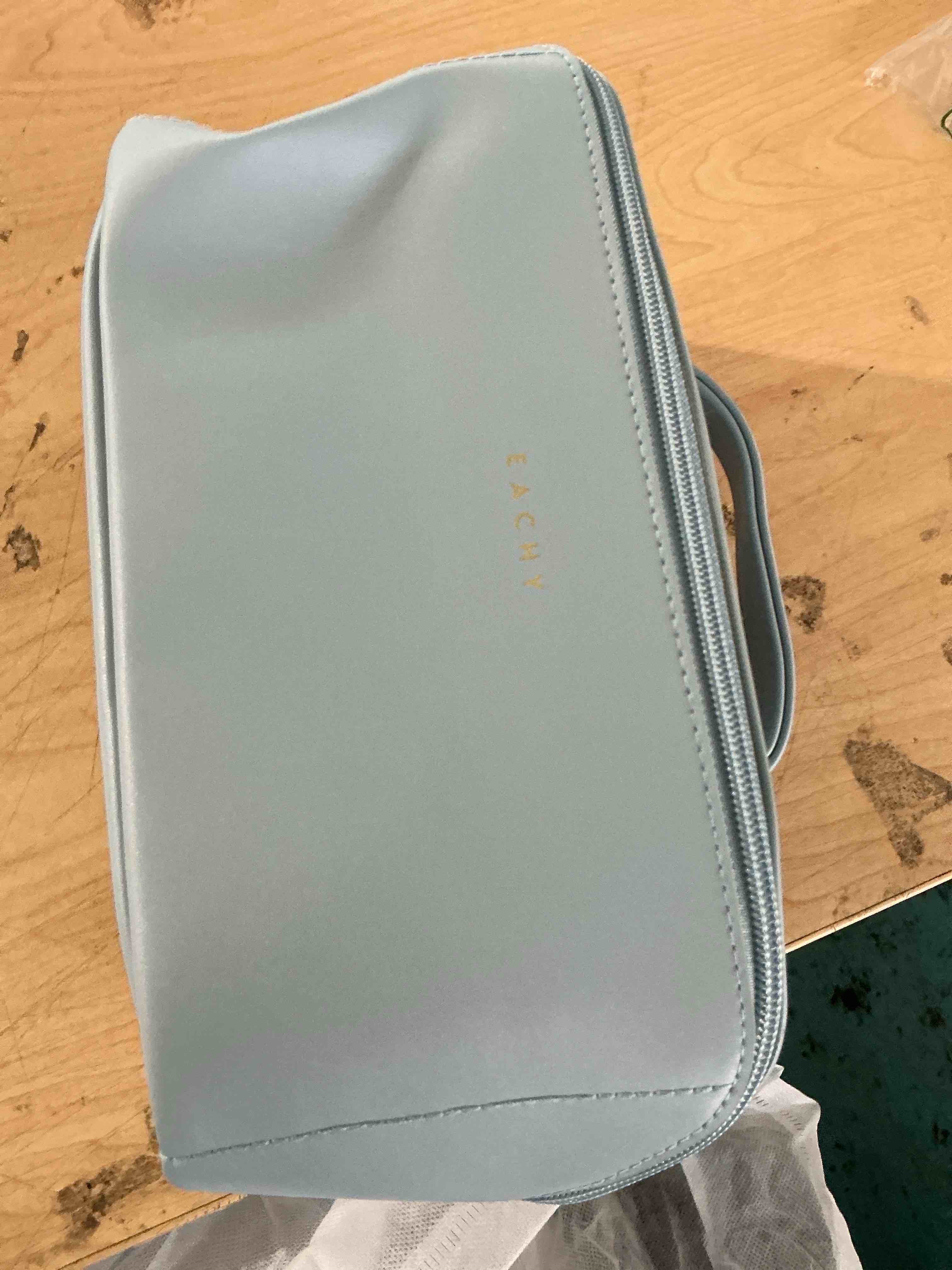 Condition photo showing New/Like New for eachy travel makeup bag for women, flat open cosmetic bag, blue, large