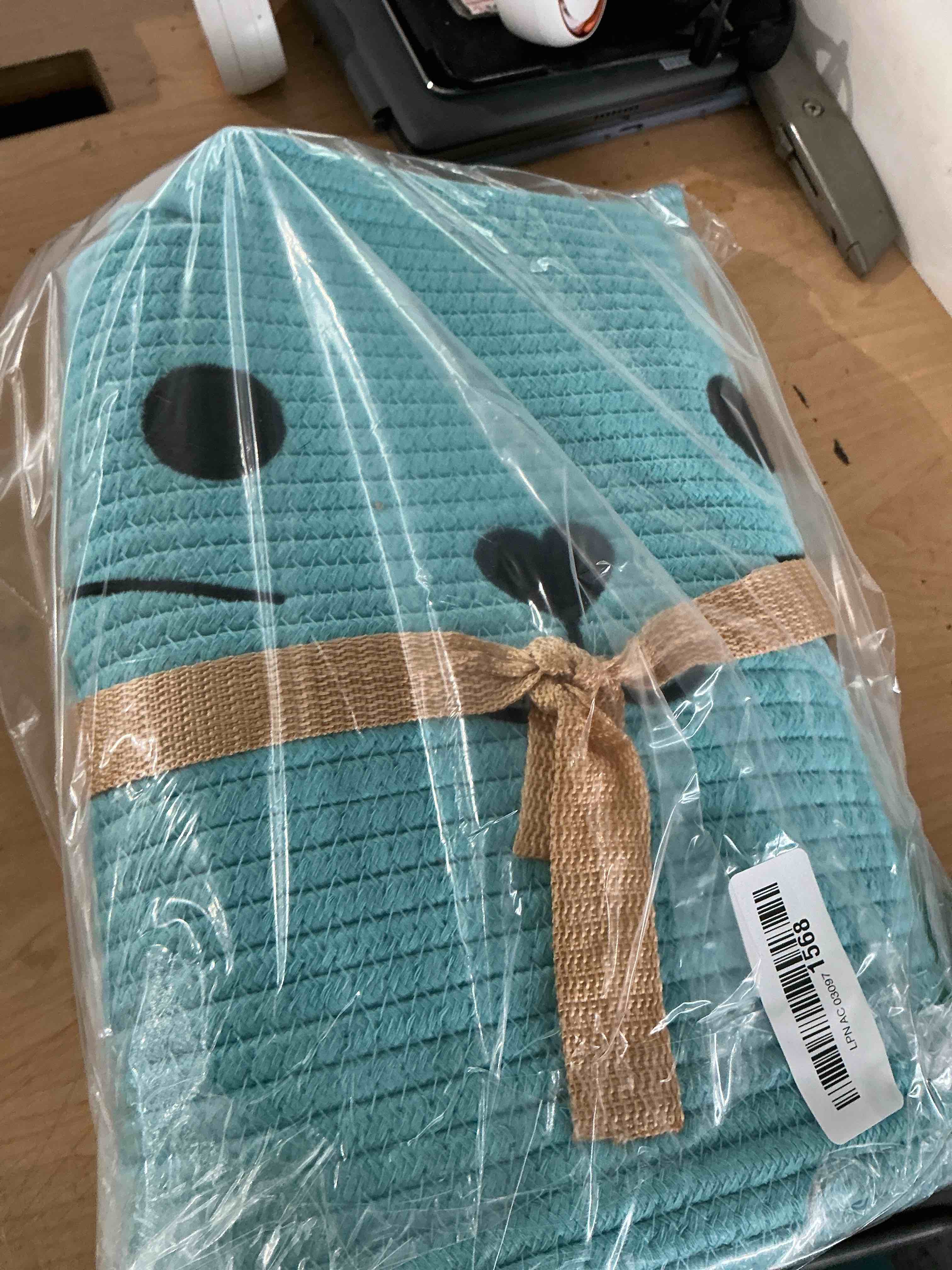 Condition photo showing New/Like New for vk vk·living large cat toy basket with handles 15"lx14"h cotton rope toy box with cat design, cute animal basket for laundry, baby, towels, blankets, woven cotton rope storage organizer blue