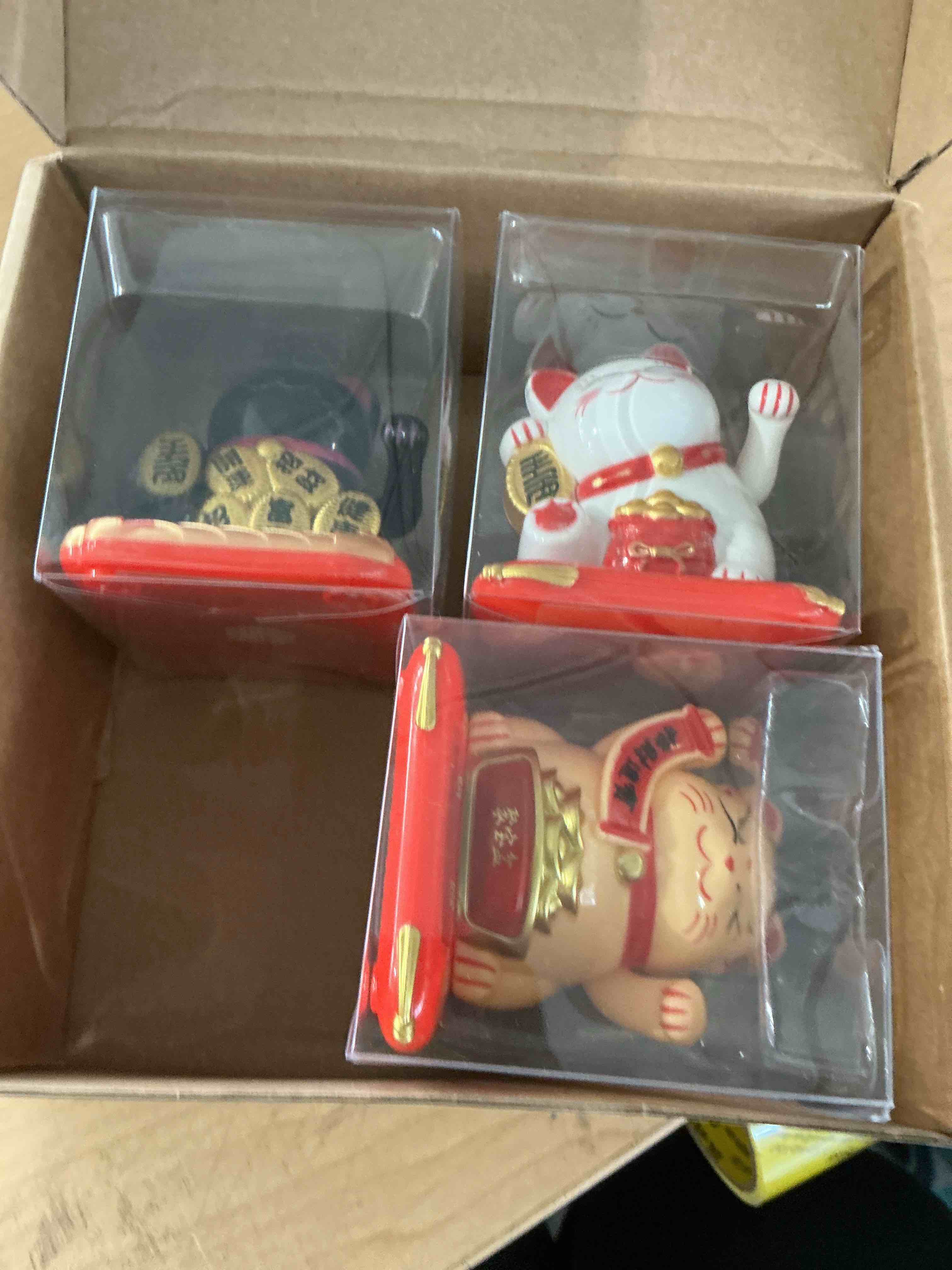 Condition photo showing New/Like New for 3 pcs 2.95" christmas lucky cat waving arm maneki neko lucky cat new year solar feng shui fortune wealth chinese welcoming window sun catcher car dashboard decor(classic color)