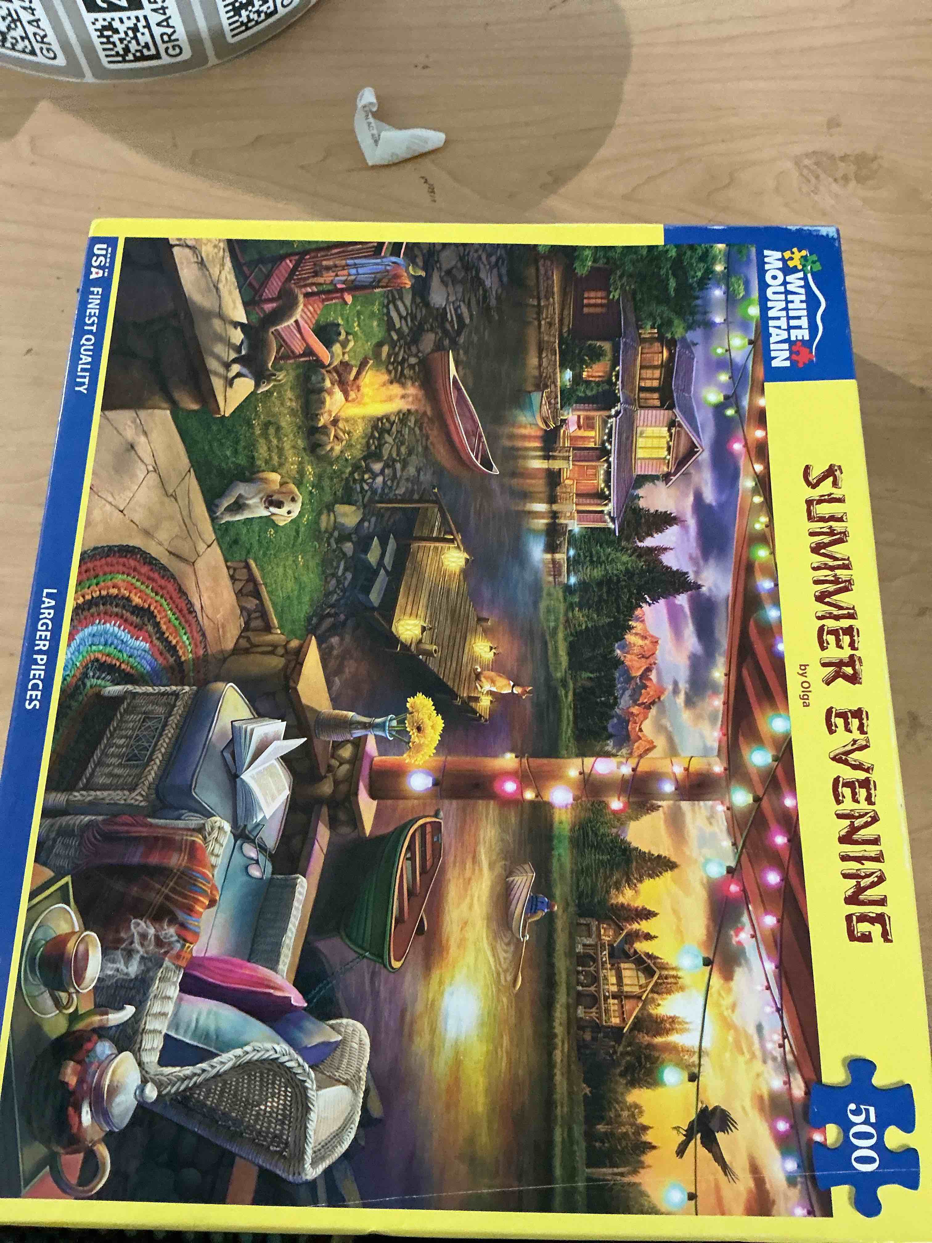 Condition photo showing New/Like New for white mountain 500 piece jigsaw puzzle lake cabin scenic, summer evening