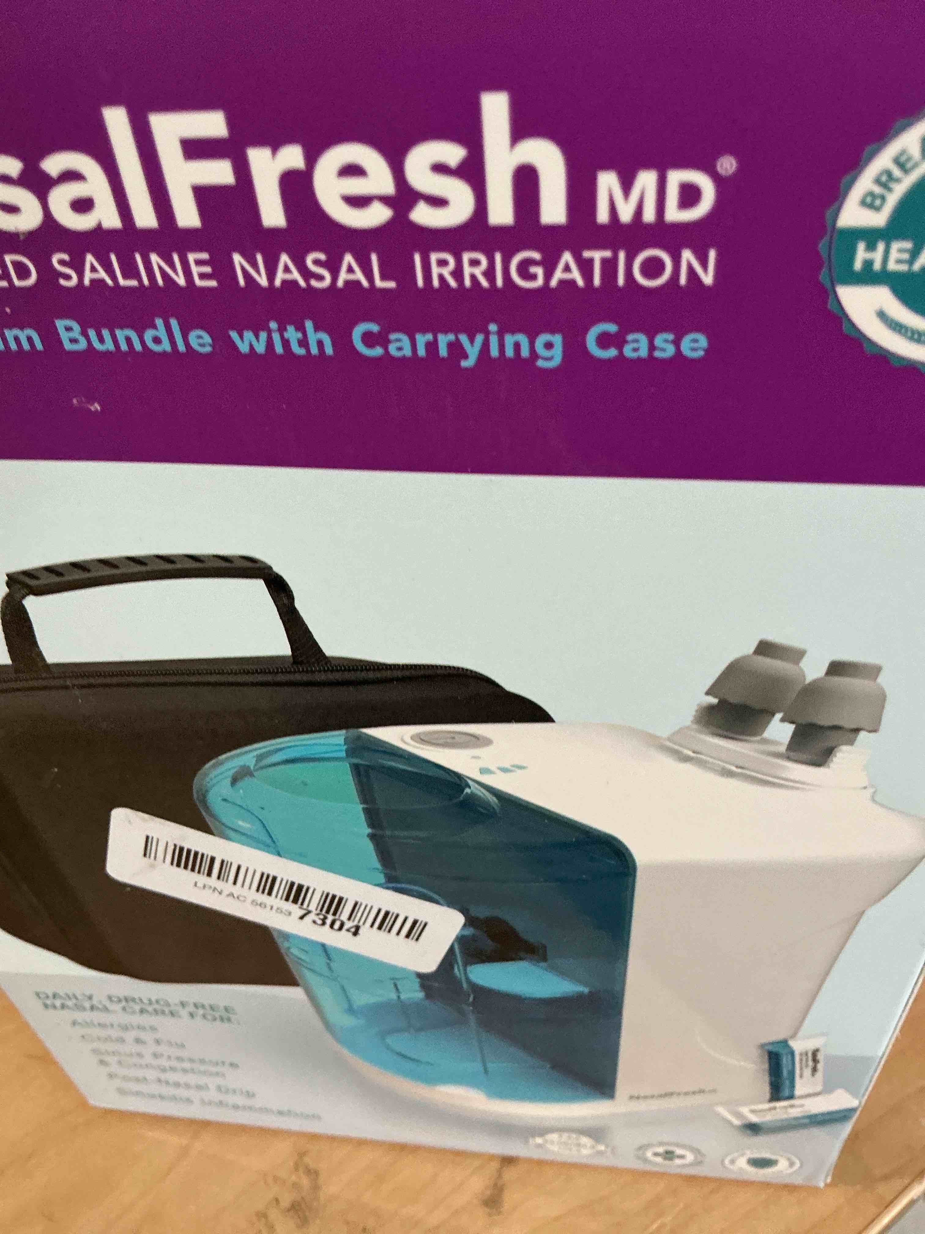 Condition photo showing New/Like New for nasalfresh md - dual powered nasal irrigation system nasal rinse and wash - sinus decongestant relief system w/ 30 saline packets - rechargeable - multi-user, 2 sets of nose pillows - snoring remedy standard