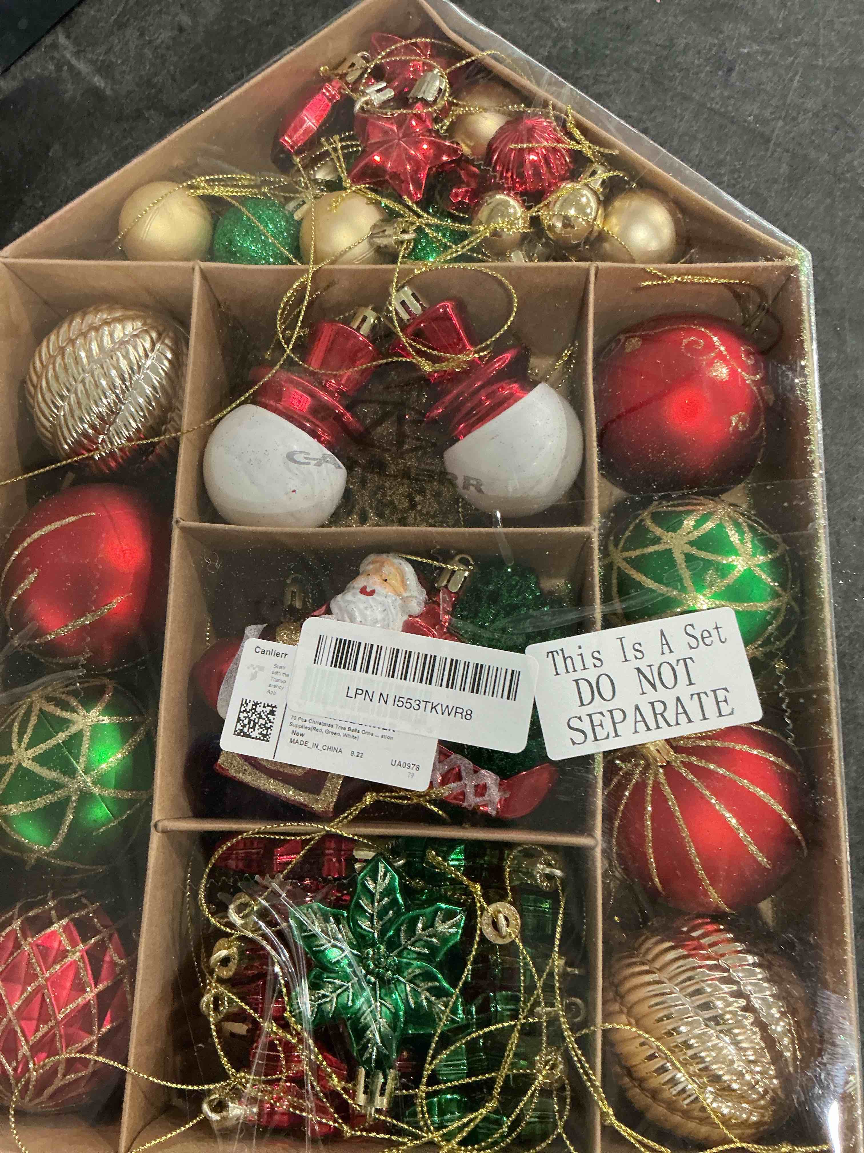 Condition photo showing Good Condition for 70 Pcs Christmas Ball Ornaments Assorted Shatterproof Hanging Decor for Christmas Tree Decorative Vintage Traditional Ornaments Bulk Holiday Party Decorations (Red,Green,Santa Claus) 70 Red, Green Santa Claus