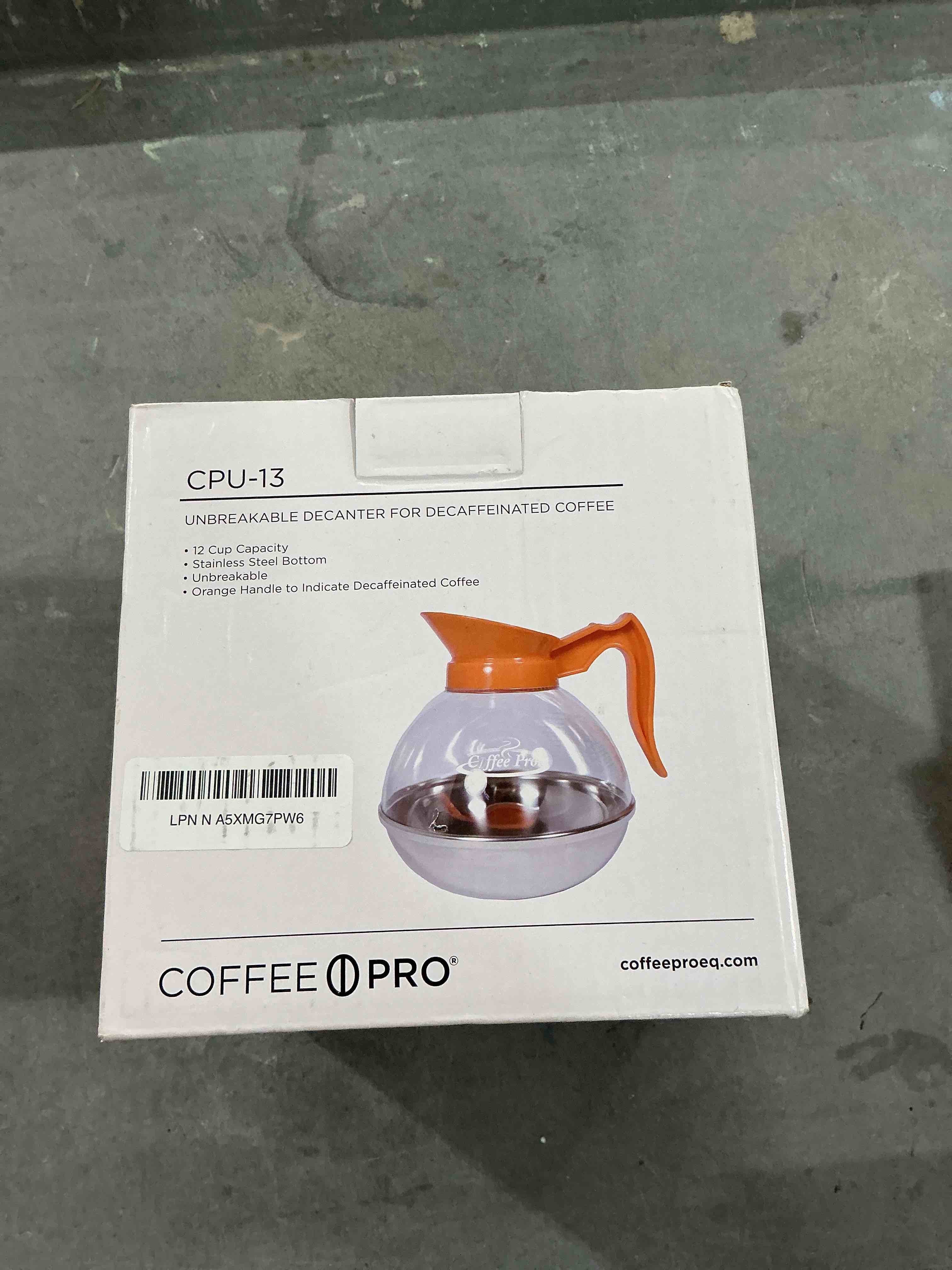 Condition photo showing New/Like New for Coffee Pro CPU13 Unbreakable Decaffeinated Coffee Decanter, 12-Cup, Stainless Steel/Polycarbonate