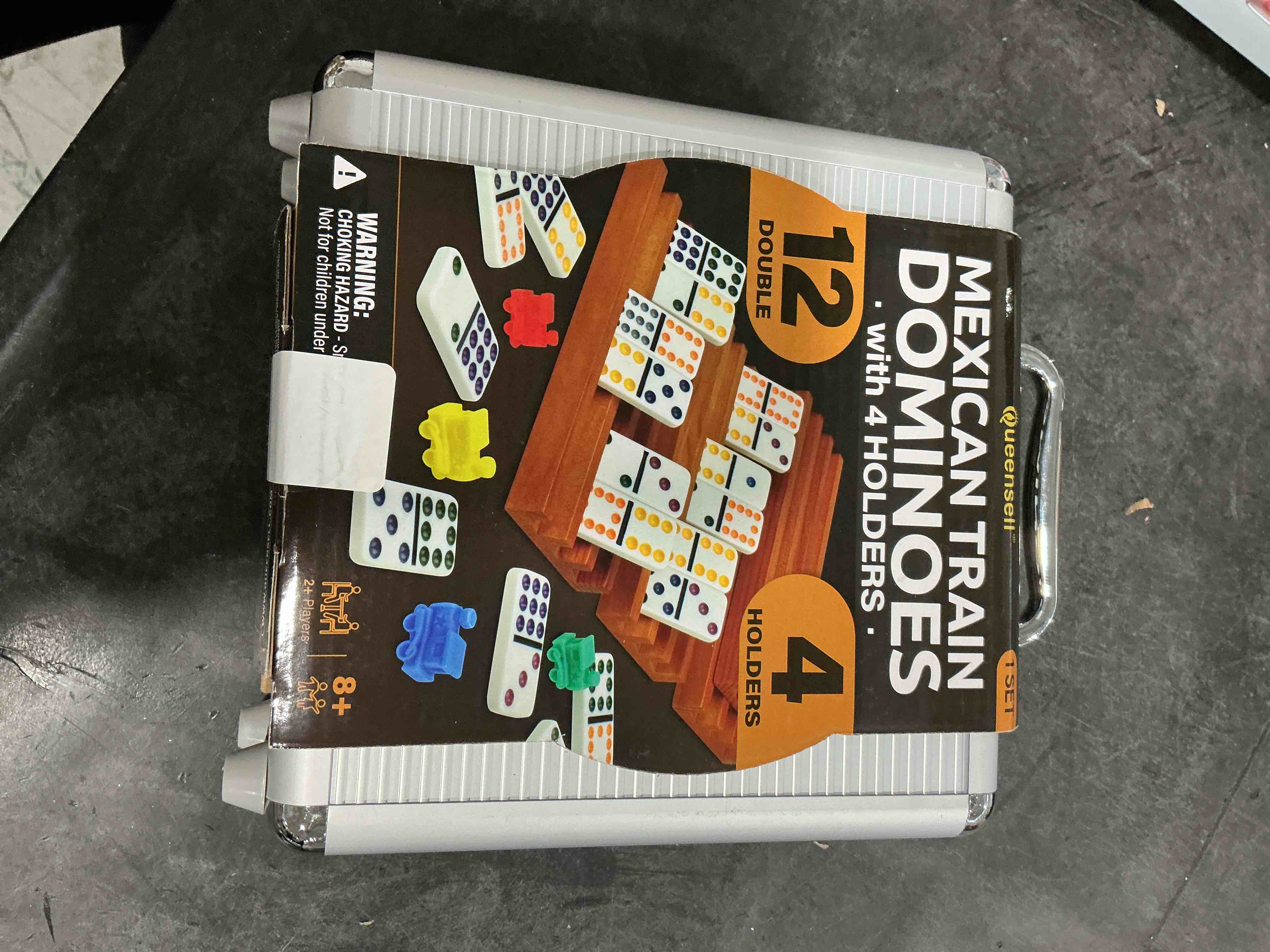 Condition photo showing Good Condition for Mexican Train Dominoes Set with 4 Holders - Dominoes Double 12 with Wooden Hub and Tiles Holders - Double 12 Dominos Set for Family Game Night for Adults and Kids Ages 8 and up (D12 + 4 Holders)