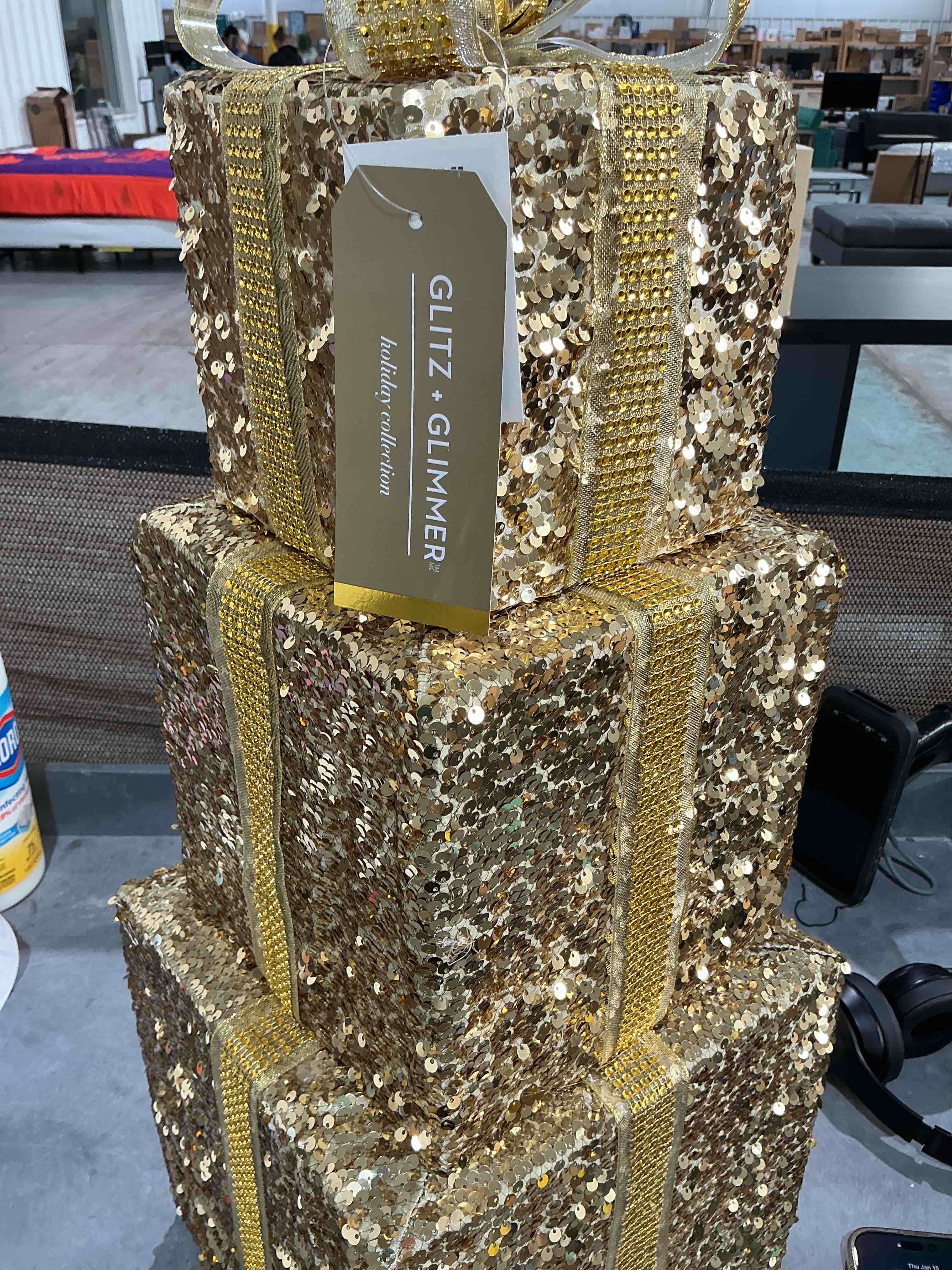 Glitz and glimmer stacked Christmas tree boxes, Christmas decoration