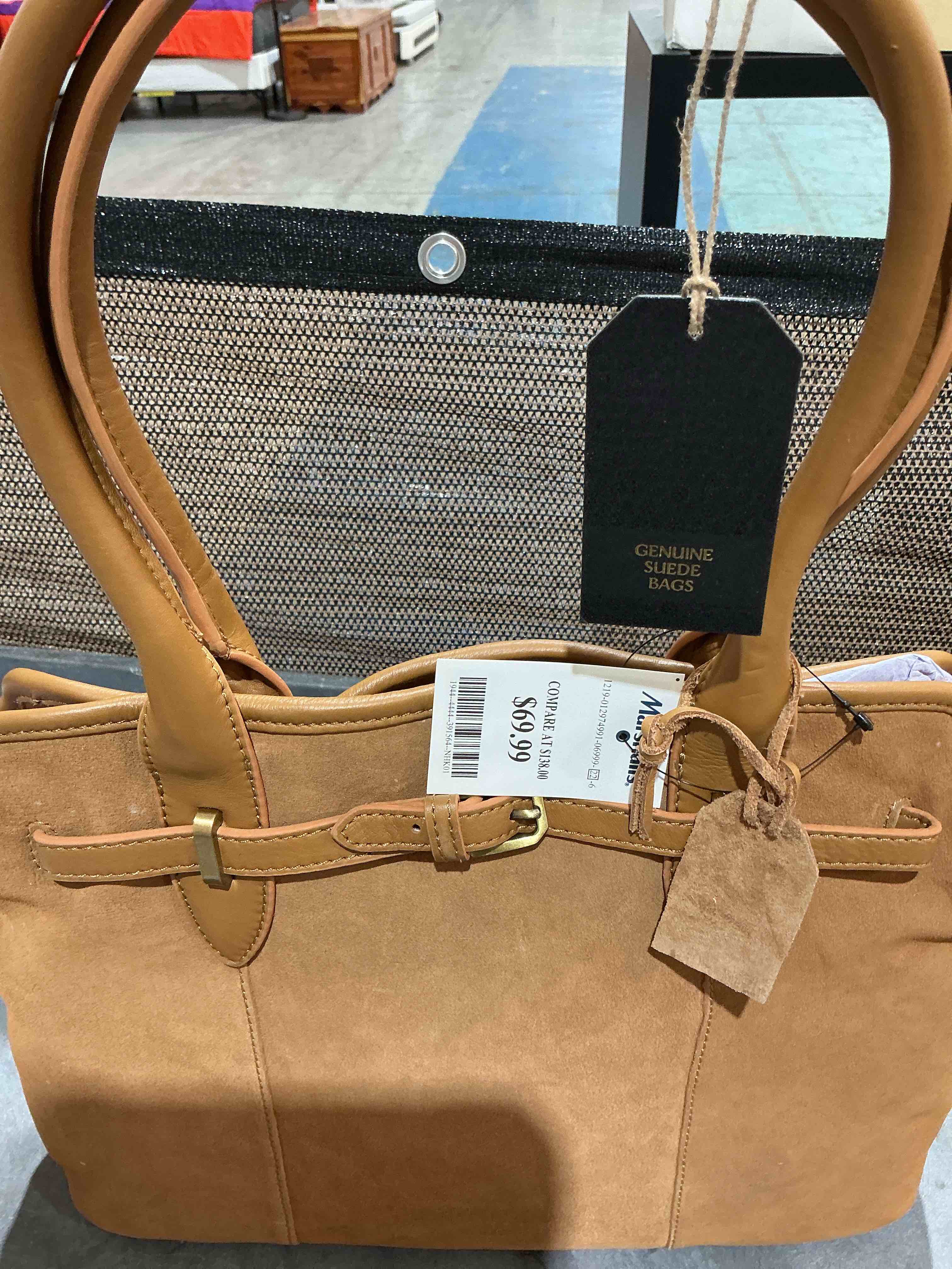 genuine, suede bag, brown with gold accents