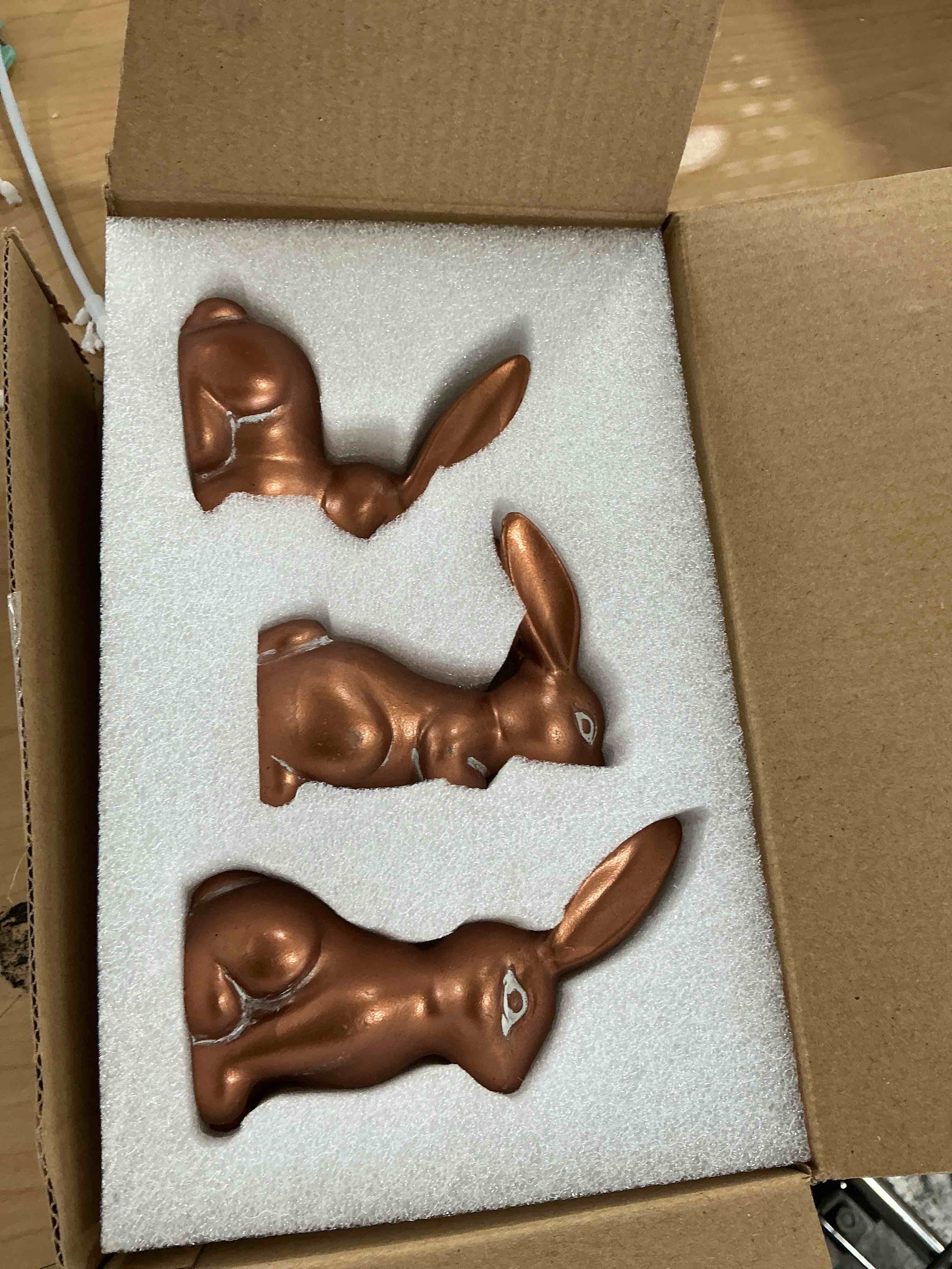 easter bunny figurines set, 3pcs rustic resin bunnies in antique copper finish, cute bunny decor for spring decorations for home, easter table centerpieces for tiered tray (copper)
