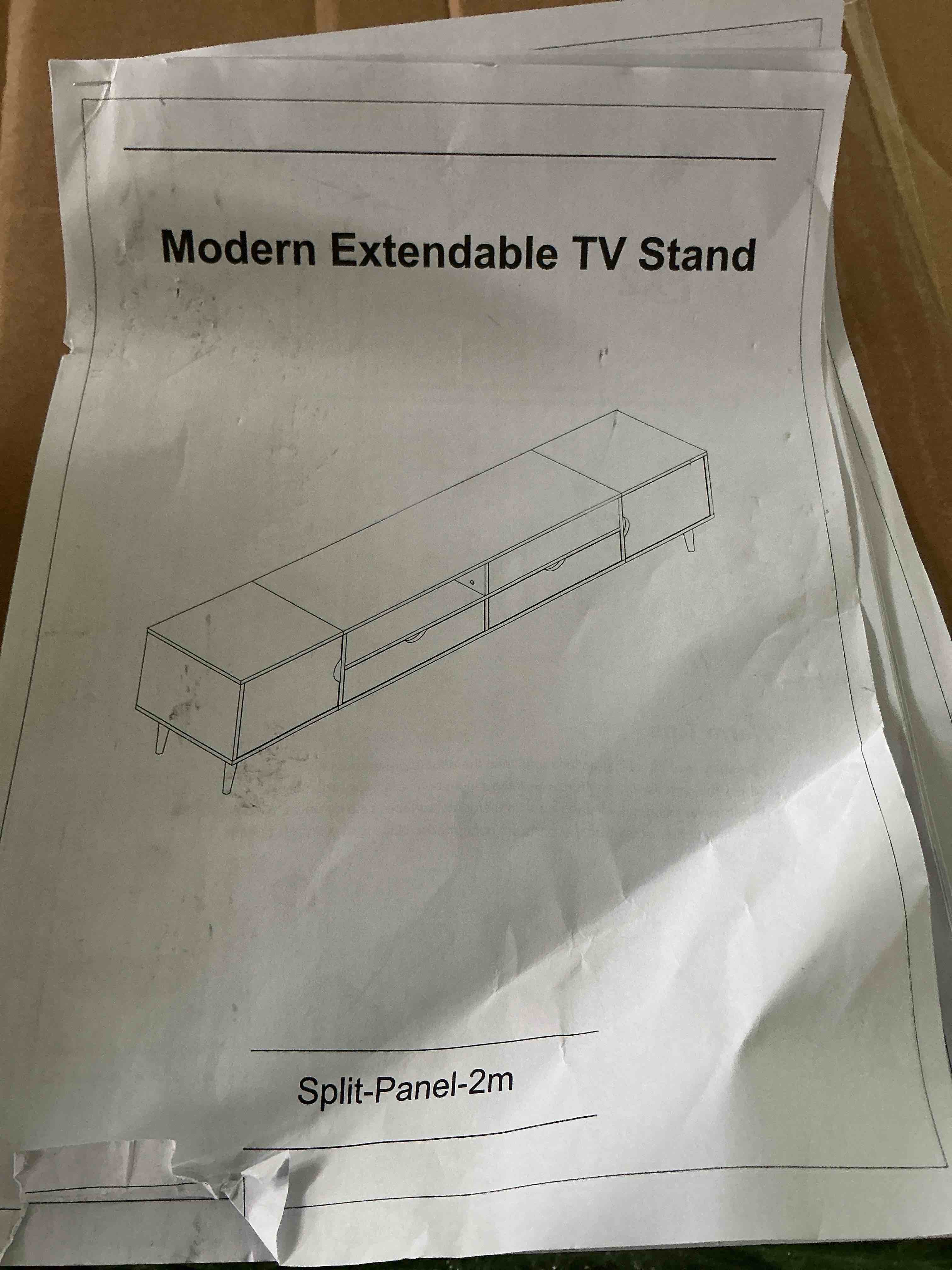 Condition photo showing New/Like New for homary tv stand for living room, extendable walnut tv console, minimalist media entertainment center with 3 drawers, adjustable tv stand tvs