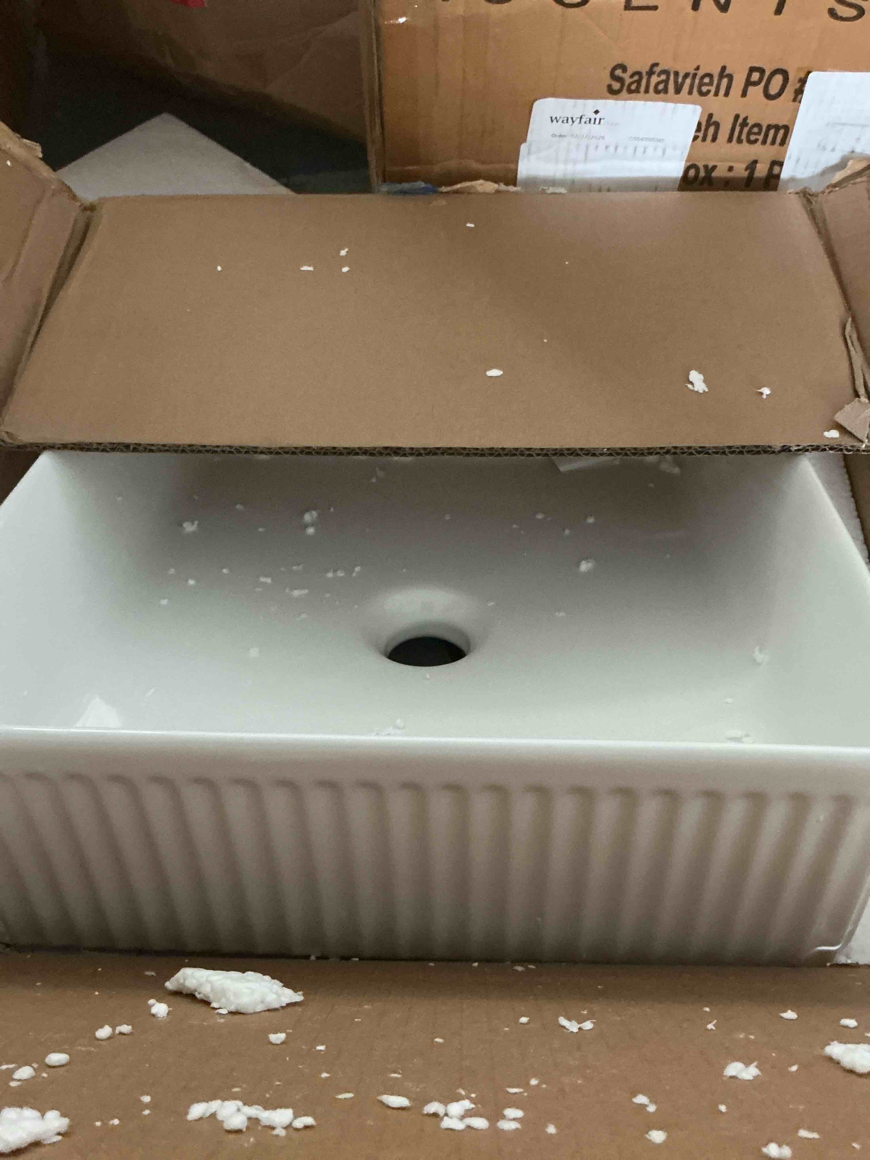 Condition photo showing As Is for white bathroom vessel sink, rectangular ceramic above counter sink with fluted design, modern vanity sink for bathroom (milk white, square)