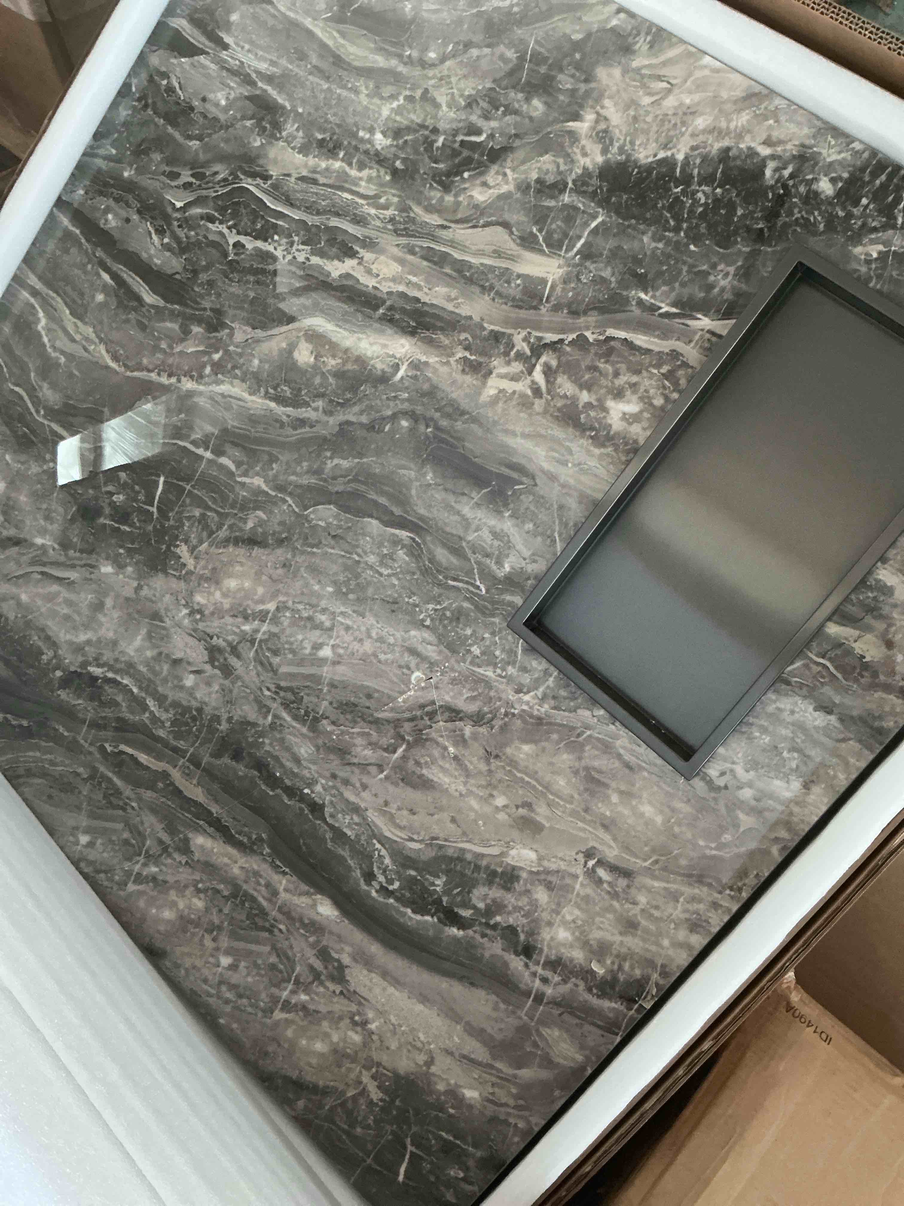 Condition photo showing New/Like New for modern coffee table for living room, 43.31" large square living room table gray sintered stone tabletop with black stainless steel legs,center table for home office