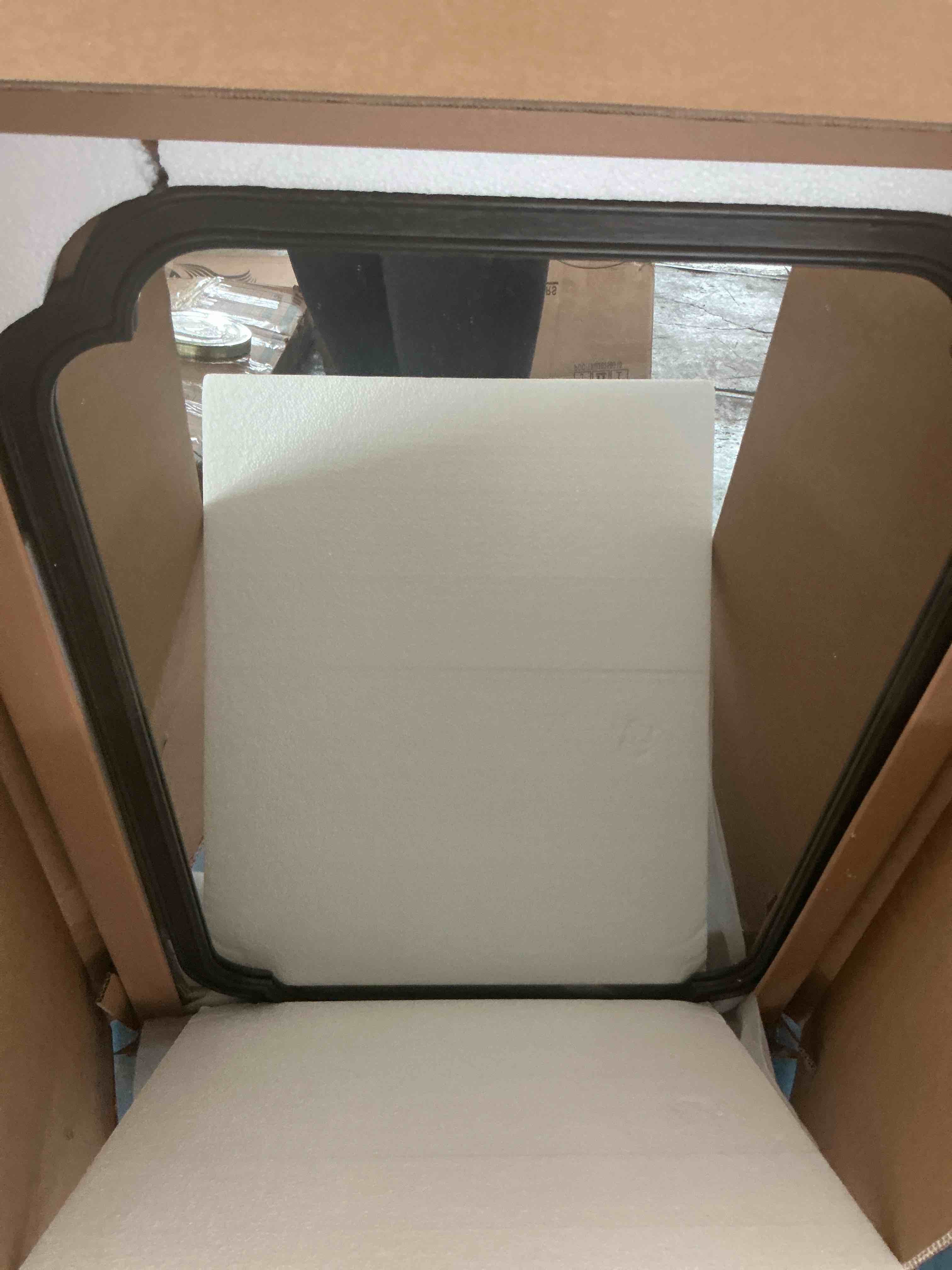 Condition photo showing New/Like New for kate and laurel glenby transitional scalloped wall mirror, 24 x 36, black, modern wooden rectangle mirror with scalloped edges for use as bathroom wall accent or living room mantel decor