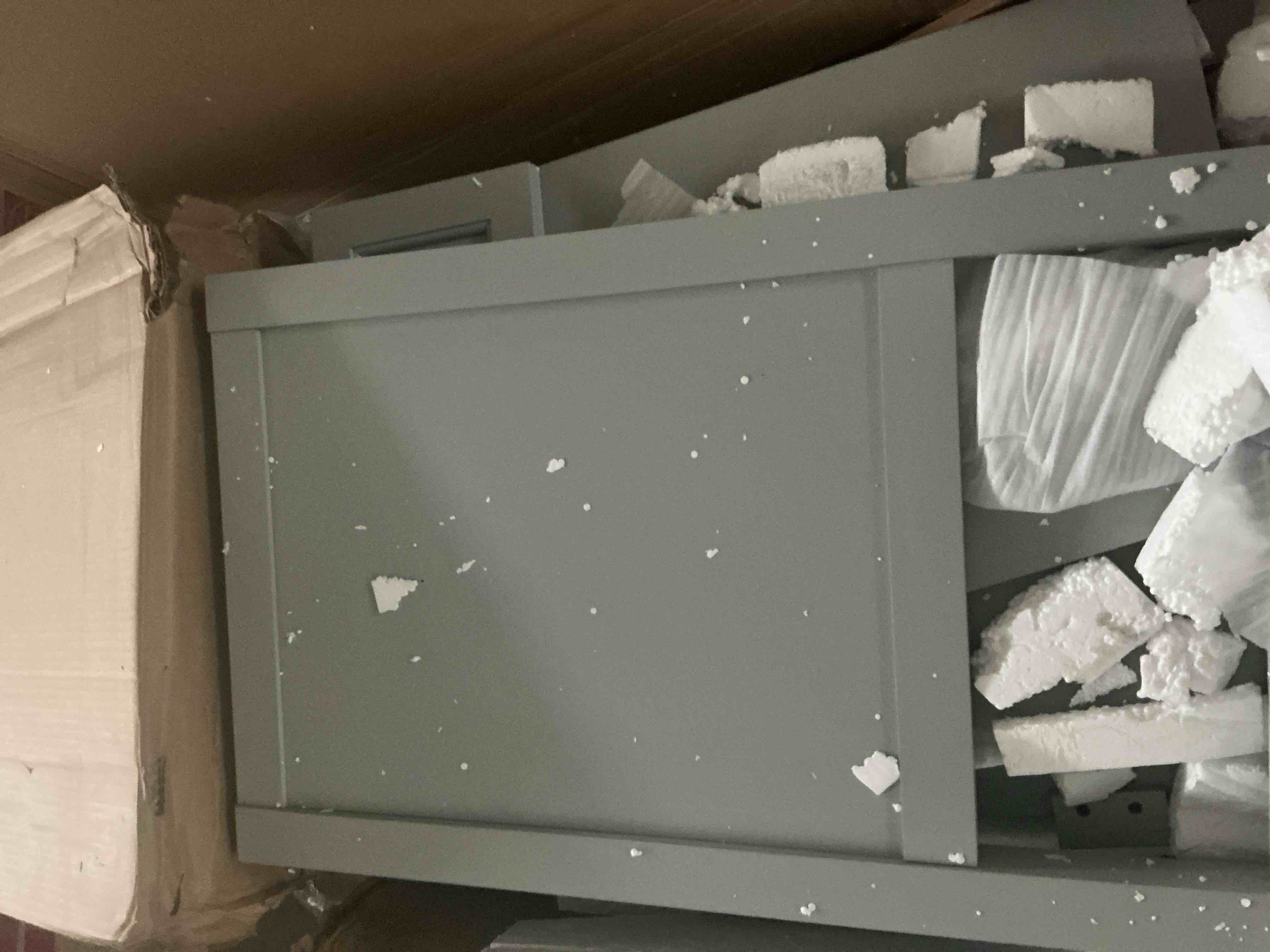 Condition photo showing New/Like New for flash furniture vega 36 inch bathroom vanity with sink, storage cabinet with soft close doors, open shelf and 3 drawers, carrara marble finish countertop, gray/white